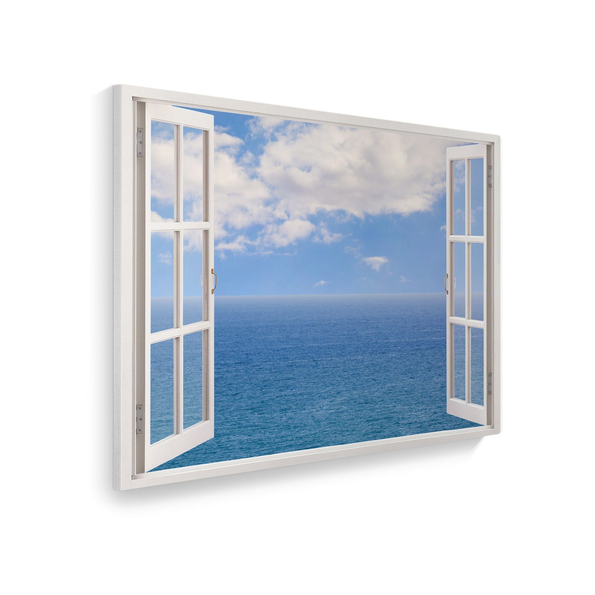 WallSpirit Leinwandbild "Fenster mit Aussicht", Meer mit Wolken, Leinwandbild geeignet für alle Wohnbereiche