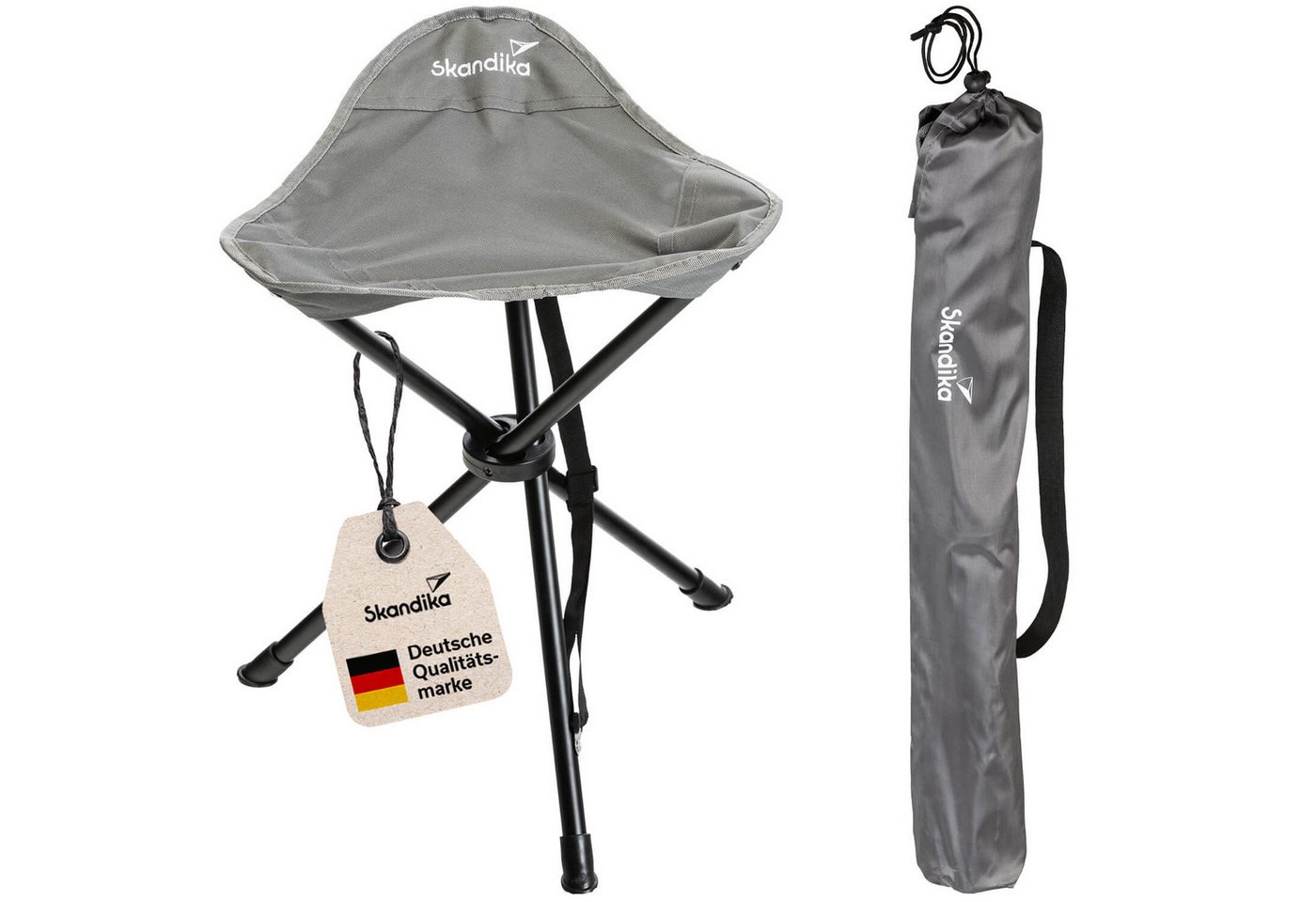 Skandika Campingstuhl Dreibeinhocker Tomperi, Klappbarer Campinghocker, bis 100 kg (Bindeband mit Klett und Trageriemen mit Karabinerhaken, fest montiert), leicht, Stahlgestänge, Anti-Rutsch-Füße, Tragetasche mit Griff