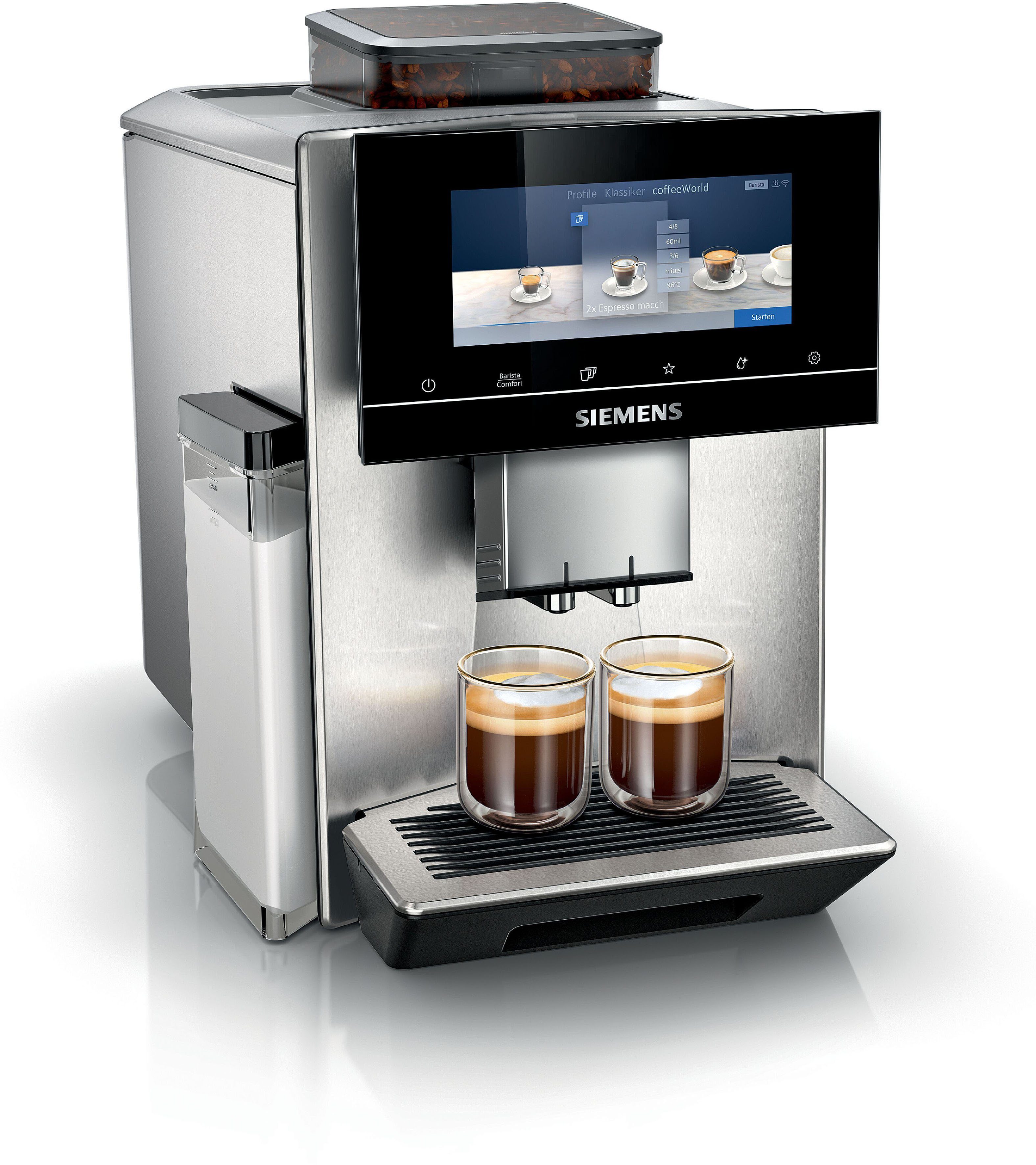 SIEMENS Kaffeevollautomat EQ900 TQ903D43, intuitives 6,8" TFT-Display, Geräuschreduzierung, App-Steuerung, Barista-Modus, AromaSelect, 3 Profile, edelstahl