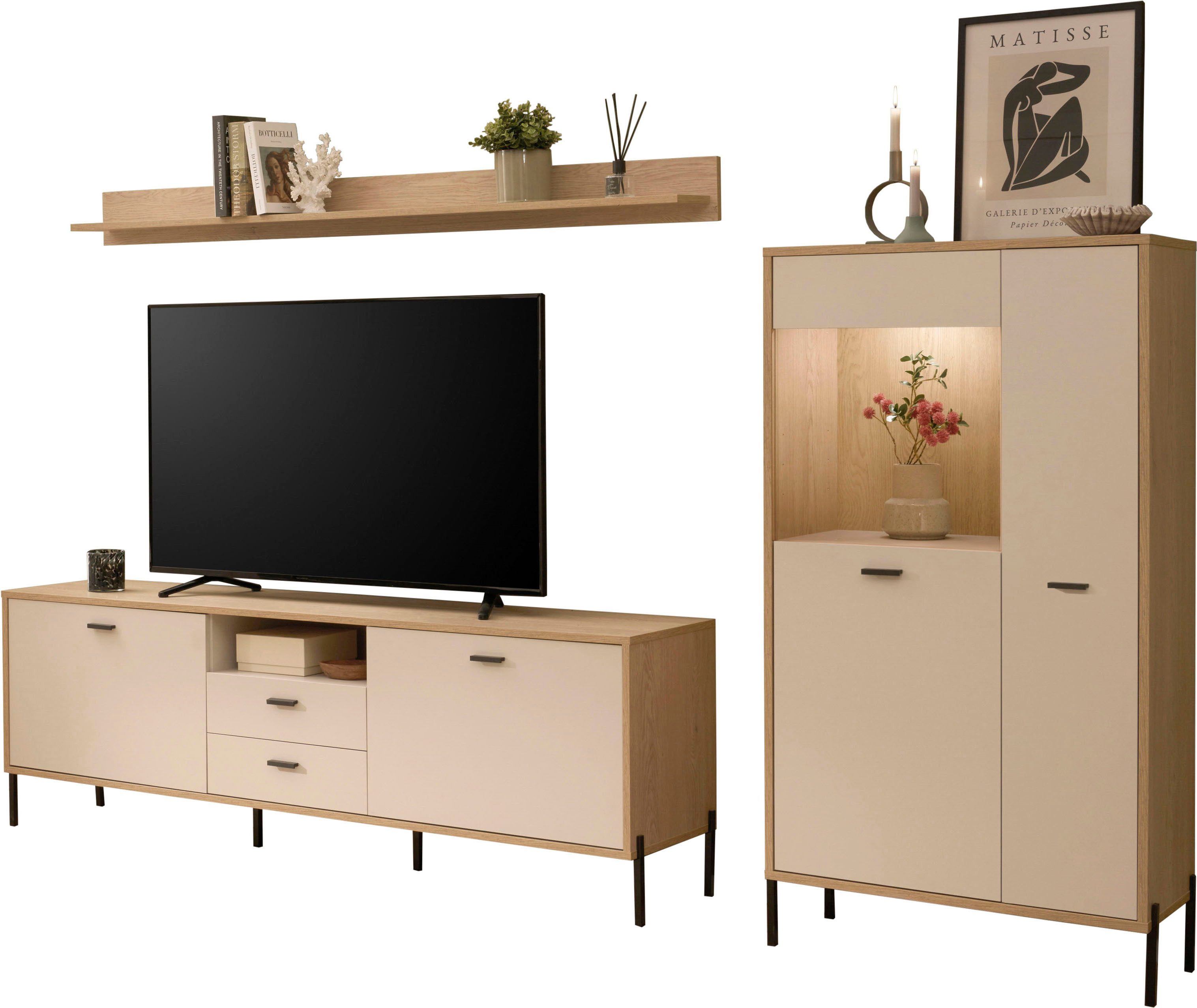 Home affaire Wohnwand Fredericia, moderne Anbauwand, Komplettset in Kaschmir, (Set, 3-St), enthält Vitrine, Lowboard und Wandboard, 285 cm breit