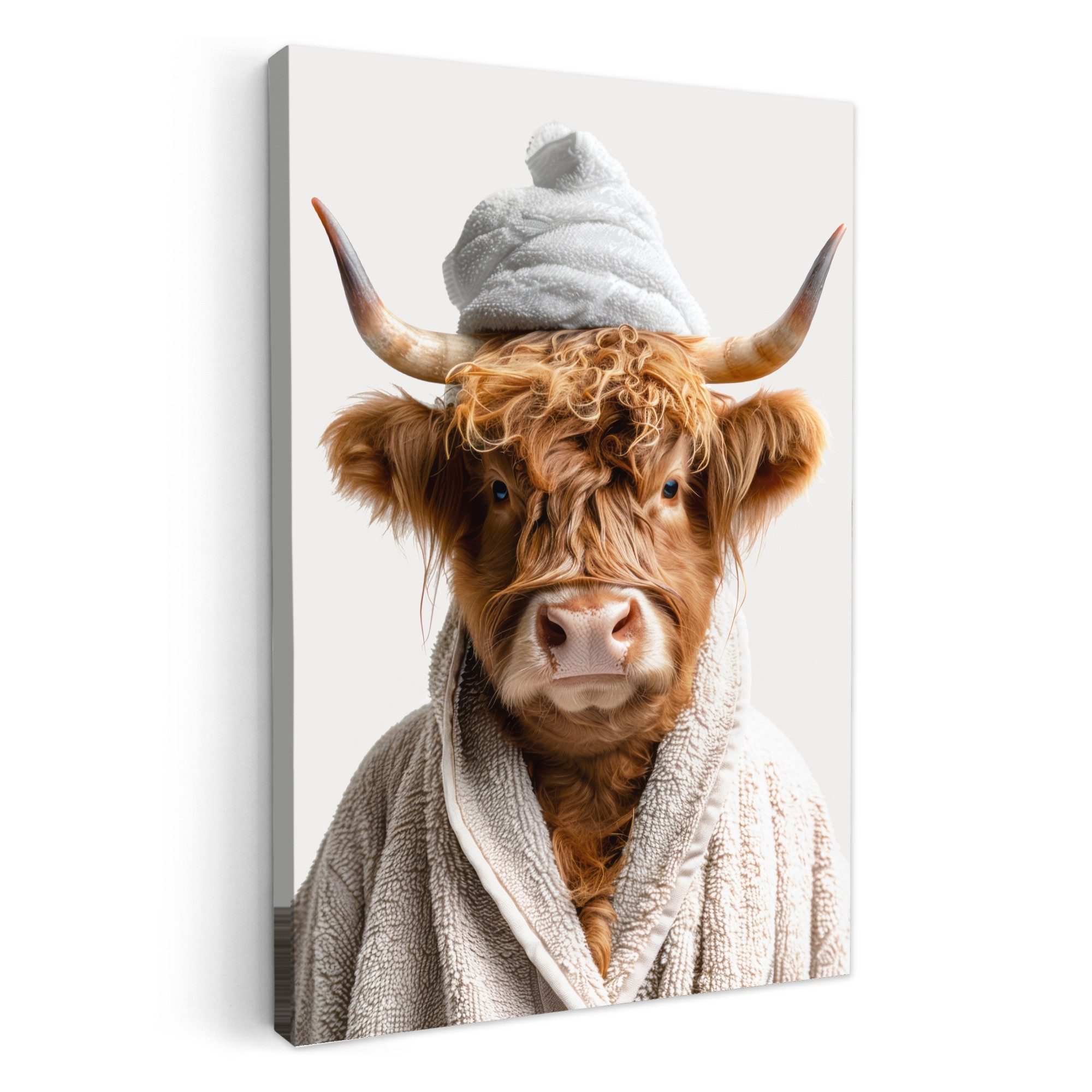 OneMillionCanvasses® Leinwandbild Schottischer Highlander - Bademantel - Ku günstig online kaufen