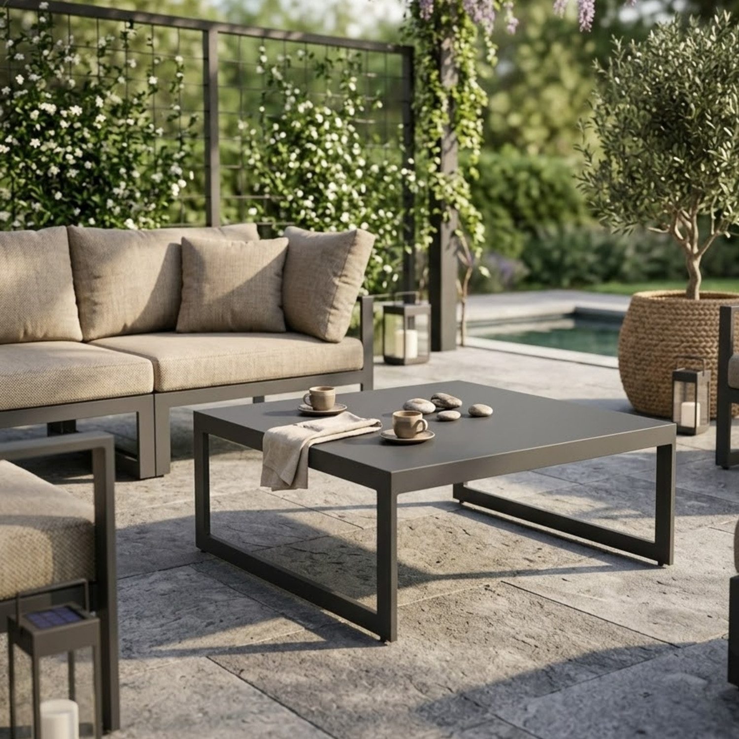 Jati & Kebon Gartentisch Burford (1 Stück), Loungetisch, Beistelltisch, Aluminium, 90 x 90 cm, Höhe 37 cm