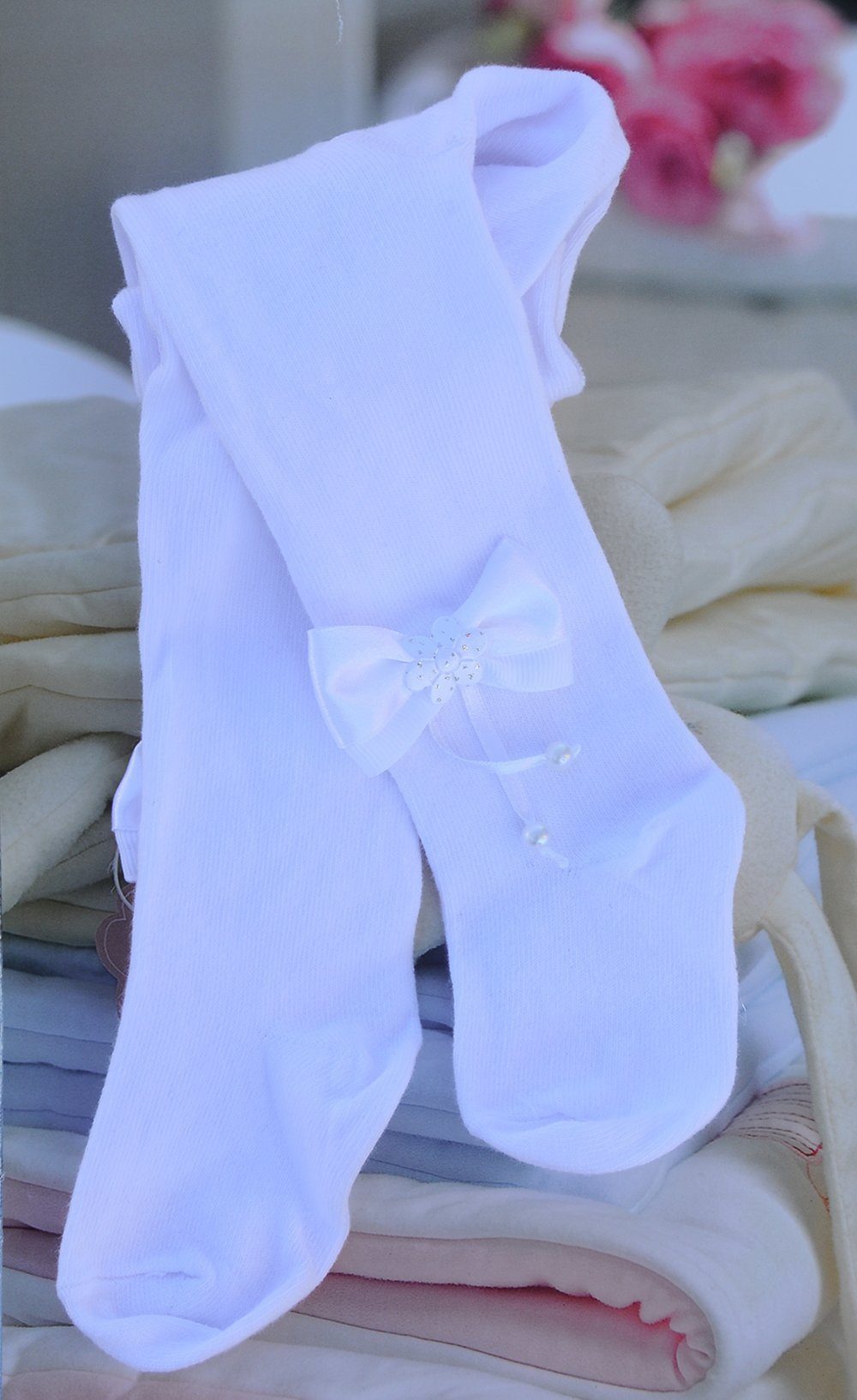 La Bortini Strumpfhose Strumpfhose in Weiß mit Schleifen Baby Kinder Strumpfhosen für Taufe mit Schleifchen – Bild 2 von 4