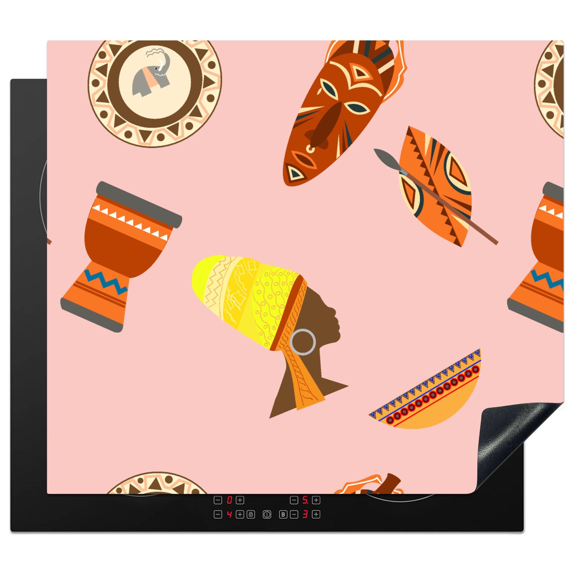 MuchoWow Herdblende-/Abdeckplatte Afrika - Djembé - Schnittmuster - Afrikanische Masken, Vinyl, (1 tlg), 60x52 cm, Mobile Arbeitsfläche nutzbar, Ceranfeldabdeckung