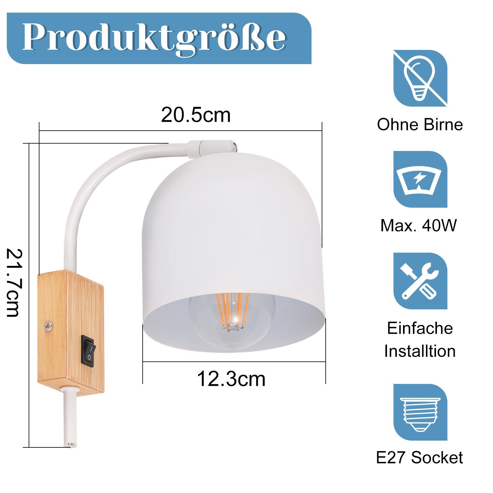 ZMH 1 Kinderzimmer Innen Metall Fassung mit Wandlampe 330°Drehbar für Vintage Holz ohne Flammig, Leuchtmittel, E27 Flur - Wandleuchte Wandspots Schalter Weiß