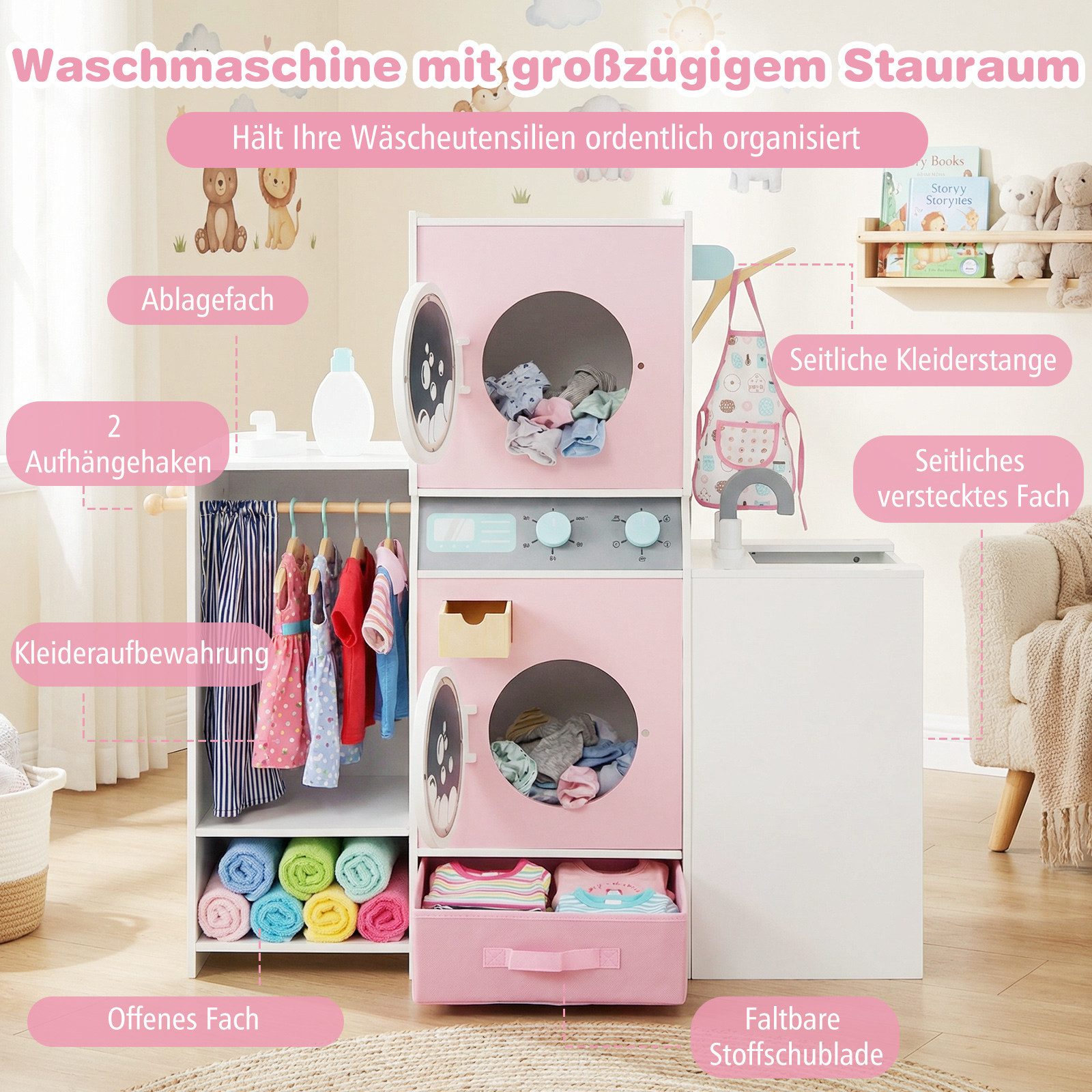 COSTWAY Kinder-Waschmaschine, Mit Waschmittelflasche, Bügeleisen & Kleiderbügeln