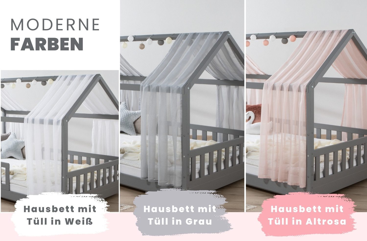 Ticaa Hausbett Kim mit Rausfallschutz und Schubkasten aus Kiefer, Kinderbett 90x200, inkl. Tüll-Set, mit Rollrost, mit Matratze