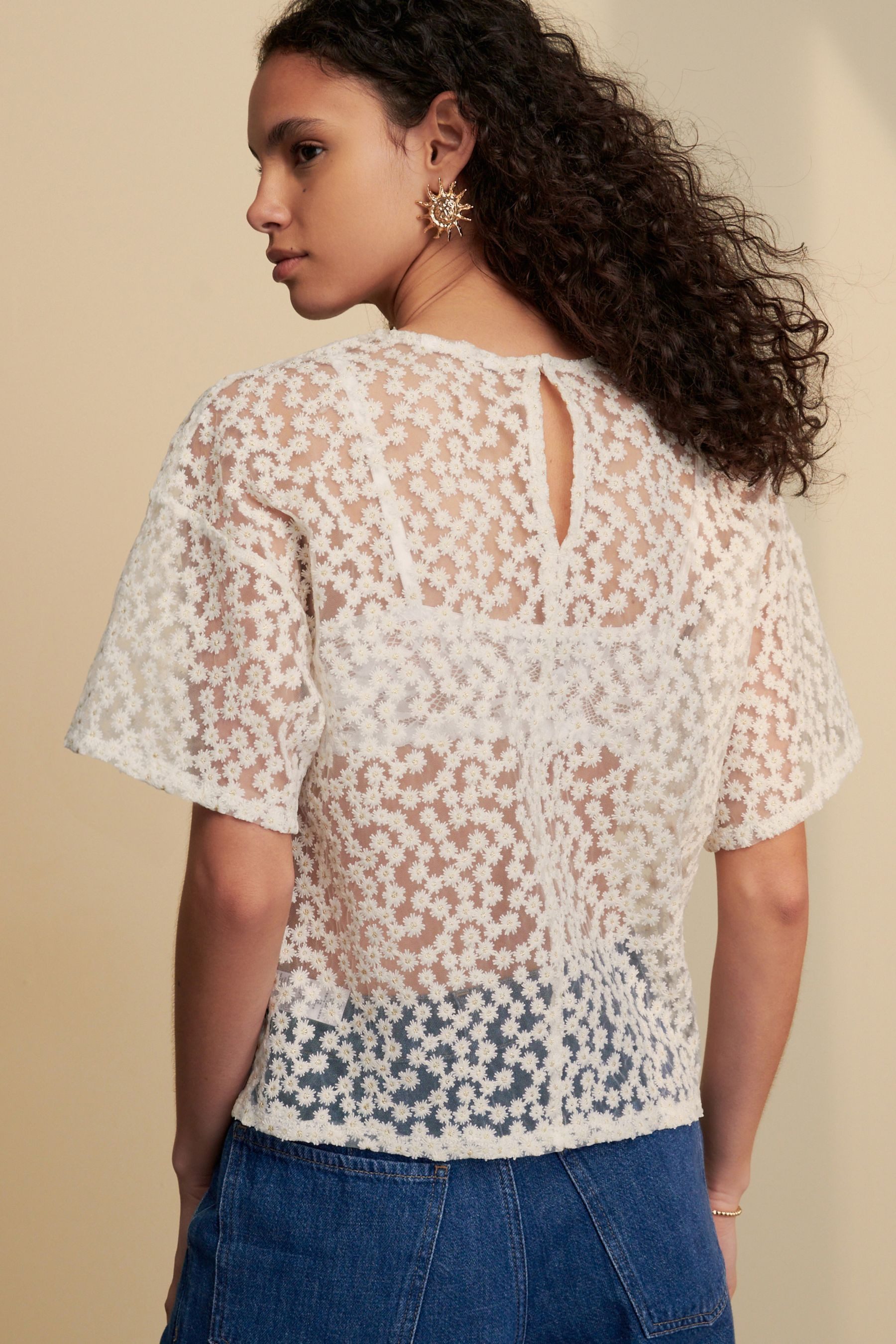 Next T-Shirt Kurzärmeliges, kastiges Mesh-Top mit Blumenmuster (1-tlg) günstig online kaufen