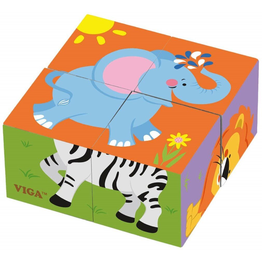 Viga® Holzspielzeug Viga 50836 4-teiliges 6-Seiten-Würfelpuzzle - Wildes Tier Spielbausteine, (Packung)