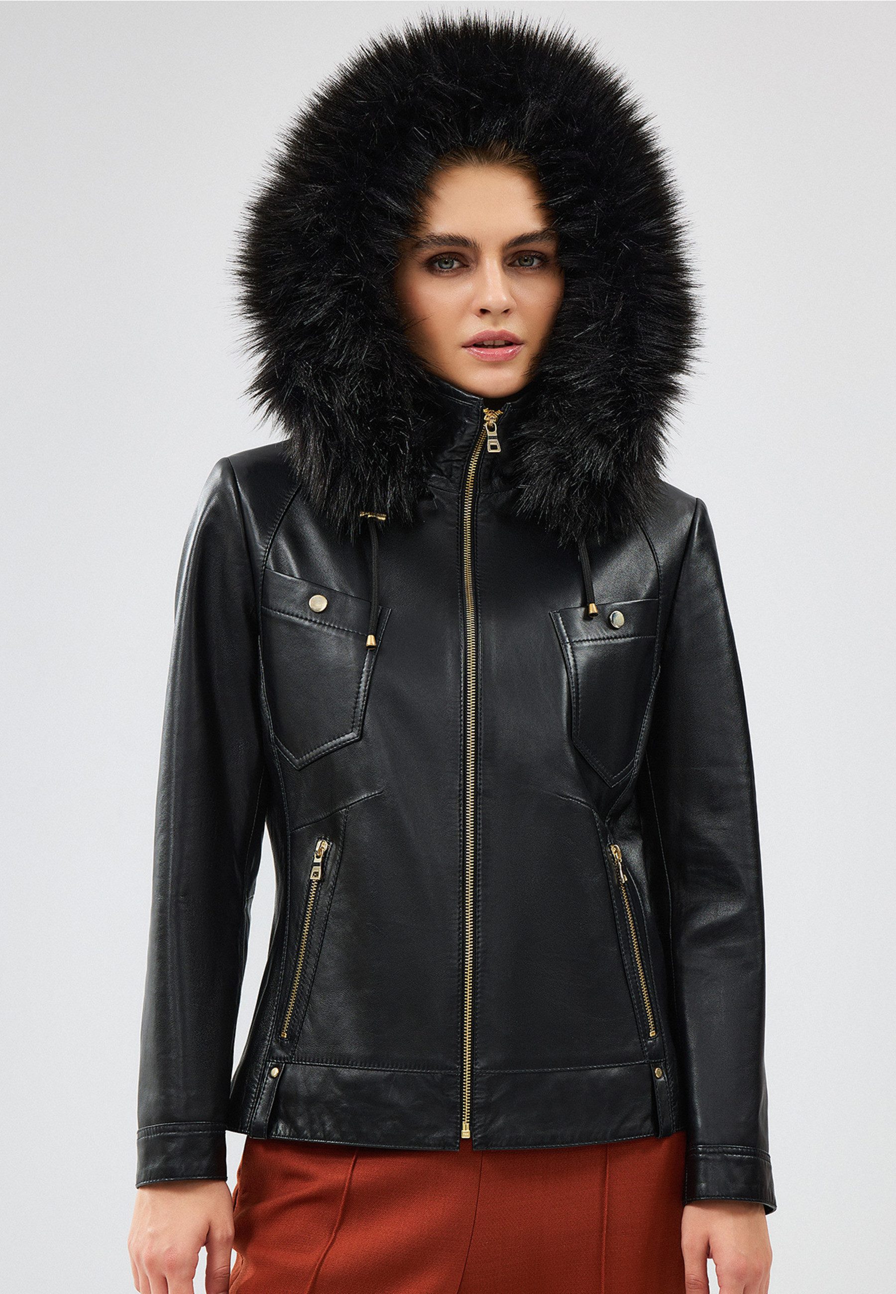 Derimod Lederjacke Meggy Lederjacke mit Kapuze und Fellbesatz