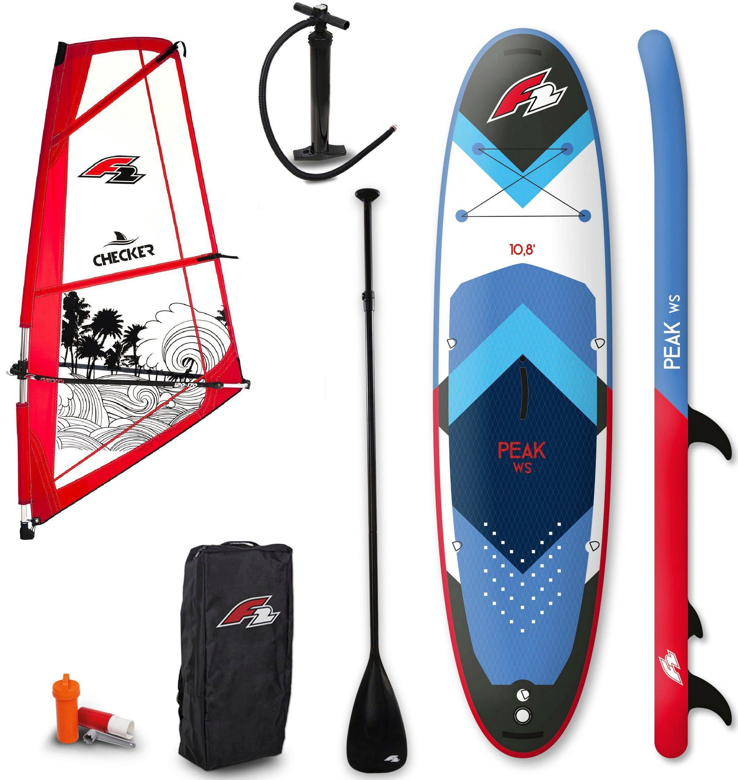 F2 Windsurfboard Peak 16 mit mit 10,8 Checker und Transportrucksack Set 4,5m², tlg., Segel) (Set, Paddel, Rigg Pumpe, WS