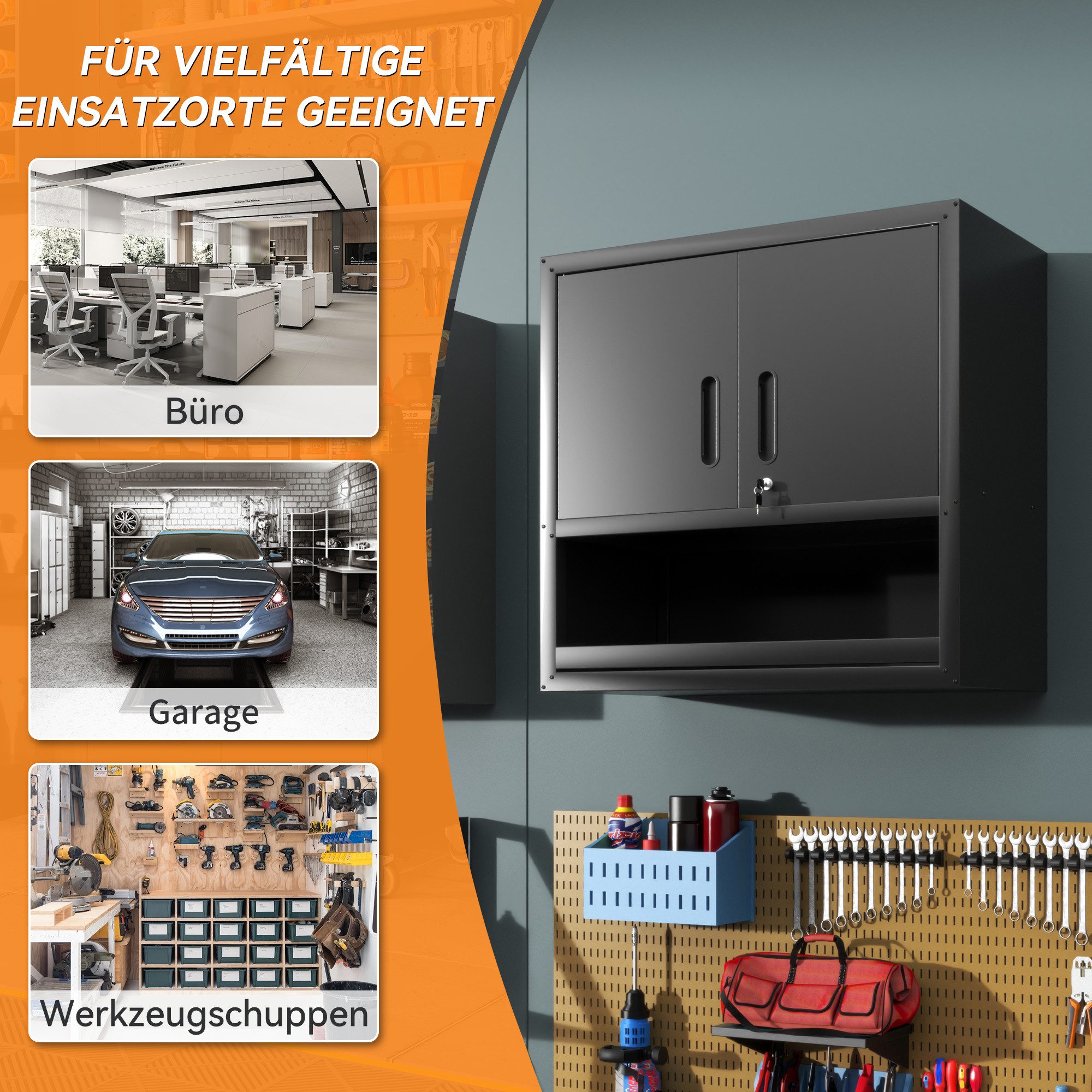 bizoemade Werkzeugschrank Metallschrank Wandmontage H77cm, Schließtür (1-St) 1 höhenverstellbarer Boden & 1 offenes Fach unten
