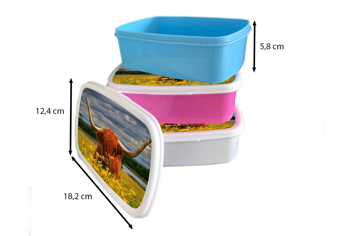 MuchoWow Lunchbox Schottischer Highlander - Blumen, Snackbox, (2-tlg), Kunststoff, - Kinder, Erwachsene, für rosa Brotbox Tiere Brotdose Mädchen, Kunststoff
