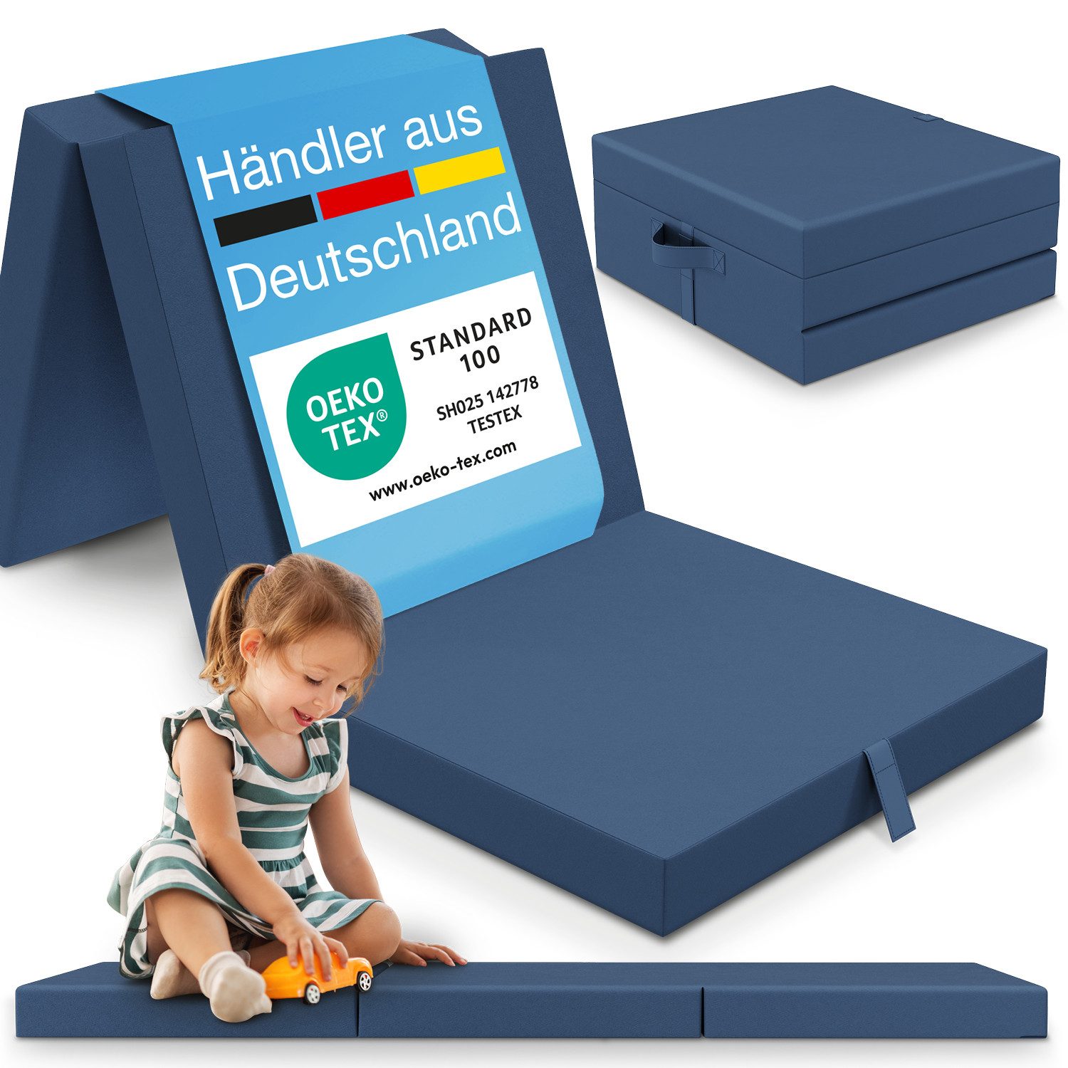 Klappmatratze Faltbare Kinder- & Erwachsenen-Reisematratze für Camping und Reisen, ELONEO, 9 cm hoch, verschied. Motive, inkl. Griff & Halteband