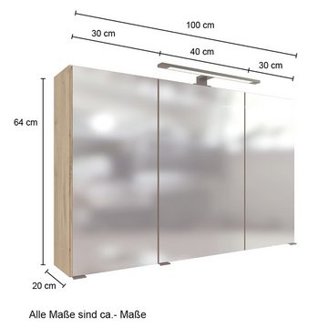 Lomadox Spiegelschrank MORISSON-03 Eiche 100 cm breit 3-türig 3D Effekt Aufbauleuchte 100/64/20 cm