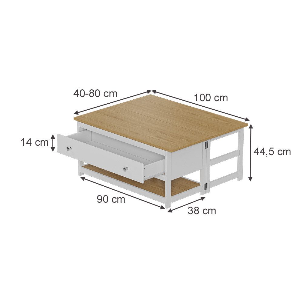 Vicco Couchtisch Vikla, Weiß/Eiche, 100 x 40 cm mit ausklappbarer Tischplatte (1-St)