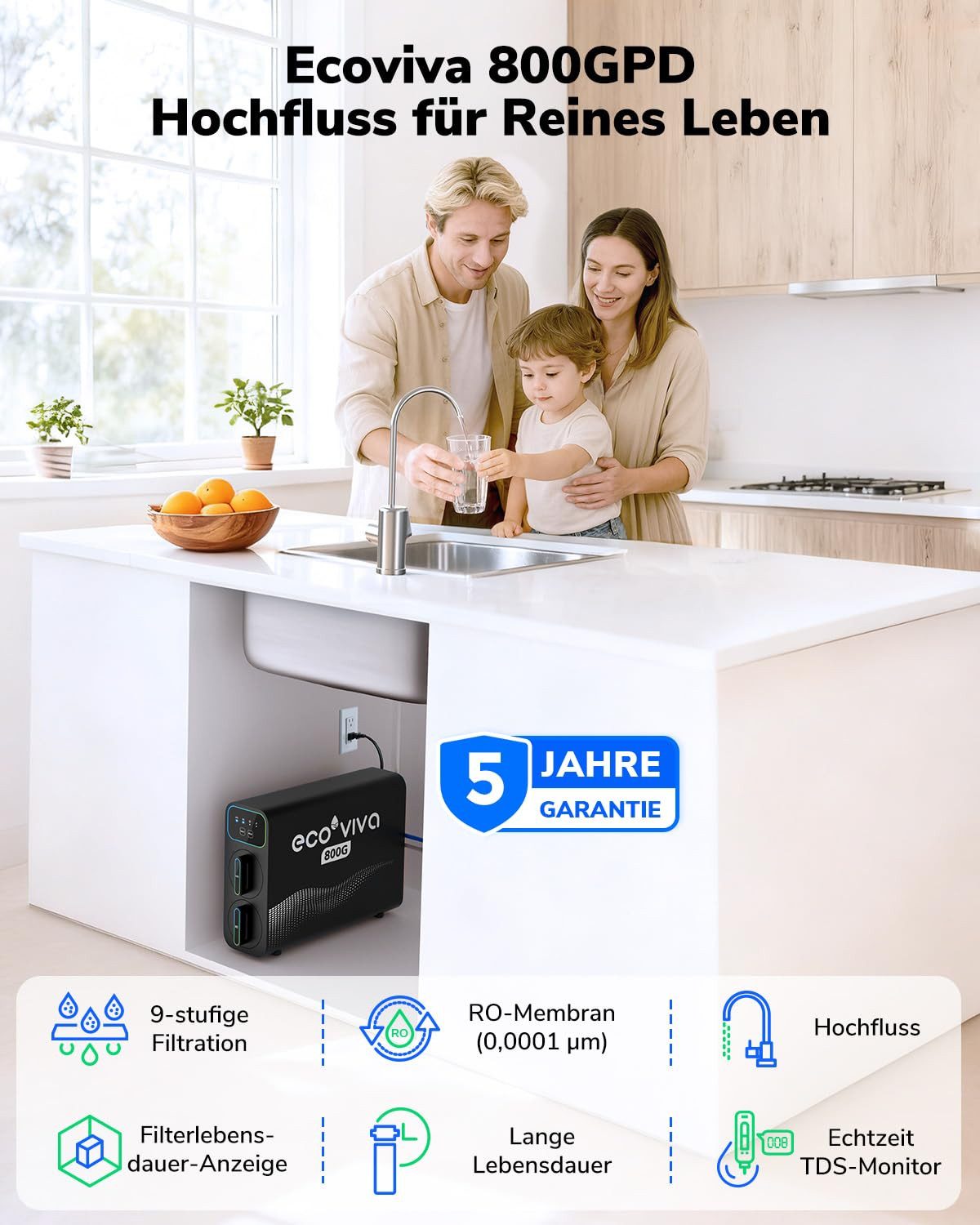 Ecoviva Wasserfilter E8 Osmoseanlage Trinkwasser mit Intelligentem Wasserhahn, 9-stufiges Umkehrosmoseanlage, Reduziert TDS, 2,5:1 Rein zum Abfluss