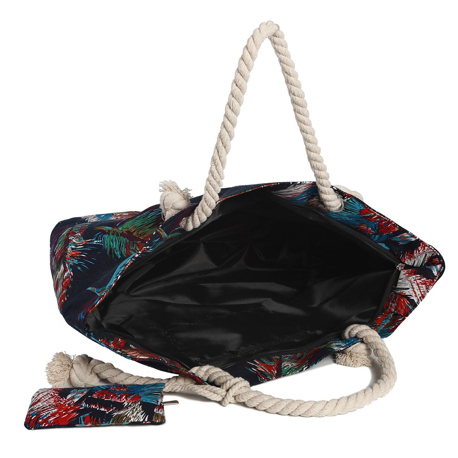 DonDon Strandtasche Shopper wasserabweisende Tasche Strandtasche, kleinem federn-schwarz-bunt inkl. (2-tlg), Beutel Reißverschluss, Große mit