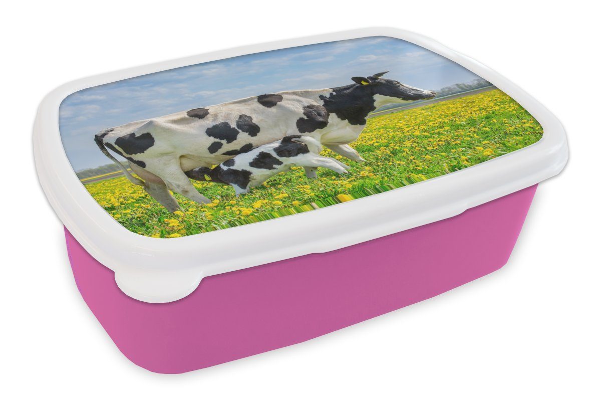 - für Lunchbox Brotdose MuchoWow Brotbox Kinder, - (2-tlg), rosa Blumen, Baby Mädchen, Kunststoff Snackbox, Erwachsene, Kuh Kunststoff,