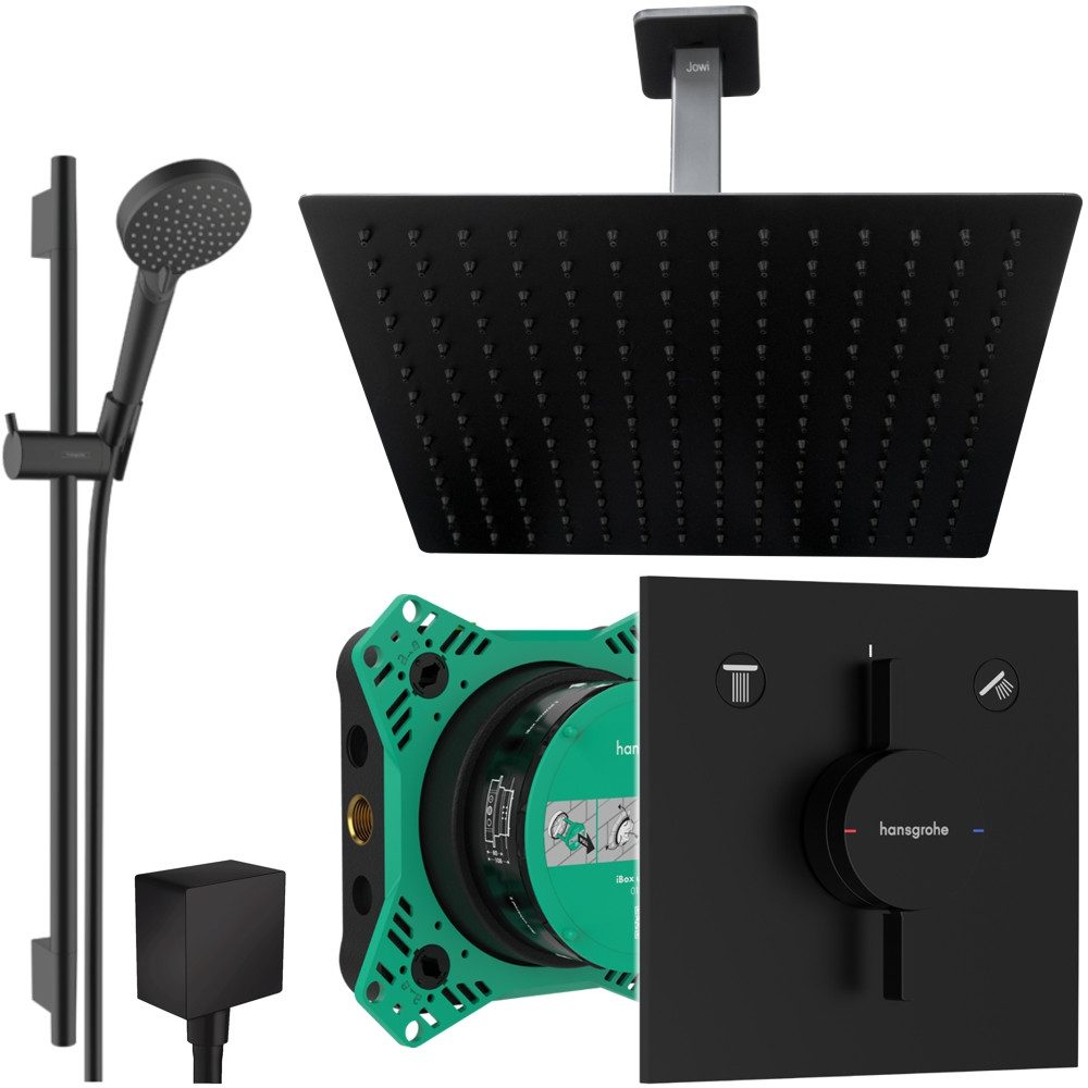 Hansgrohe und Jowi Duscharmatur DuoTurn E Duscharmatur, Duschsystem, Schwarz, Deckenanschluss (Unterputz-Duschsystem) 650mm Brausestange, Deckenanschluss