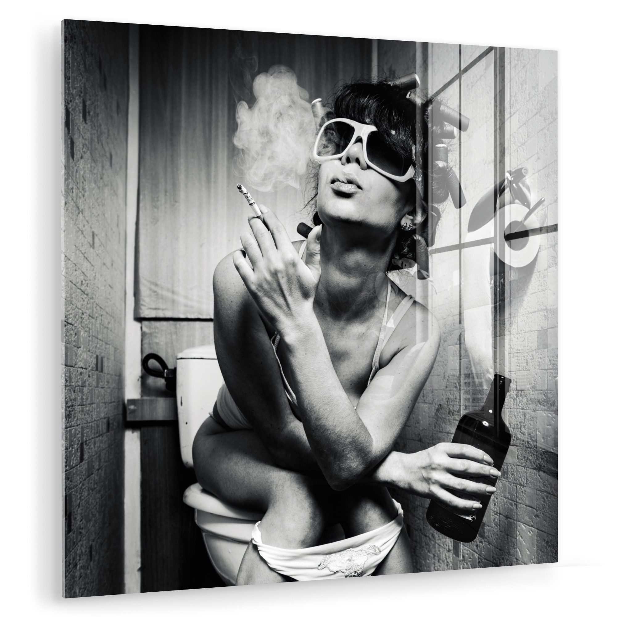 MuchoWow Acrylglasbild Frau - Vintage - Lockenwickler - Toilette - Zigarett günstig online kaufen