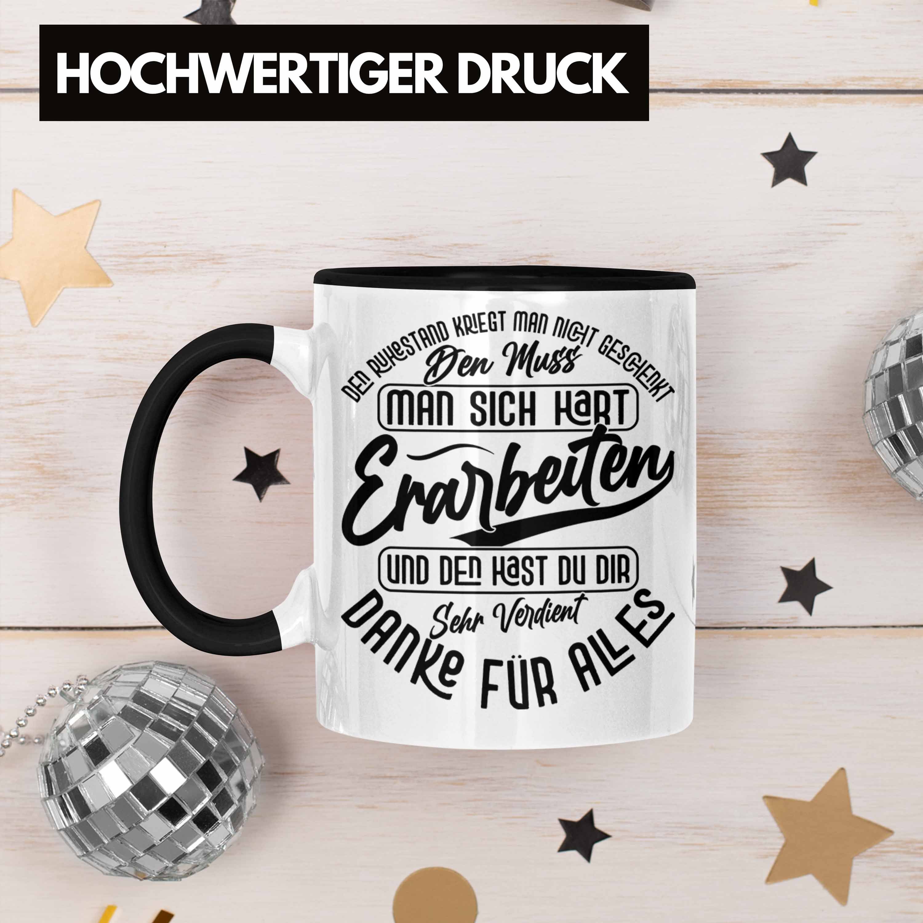 Trendation Tasse Ruhestand Tasse Geschenk Spruch Abschied Schwarz Rente Geschenkidee Rentnerin