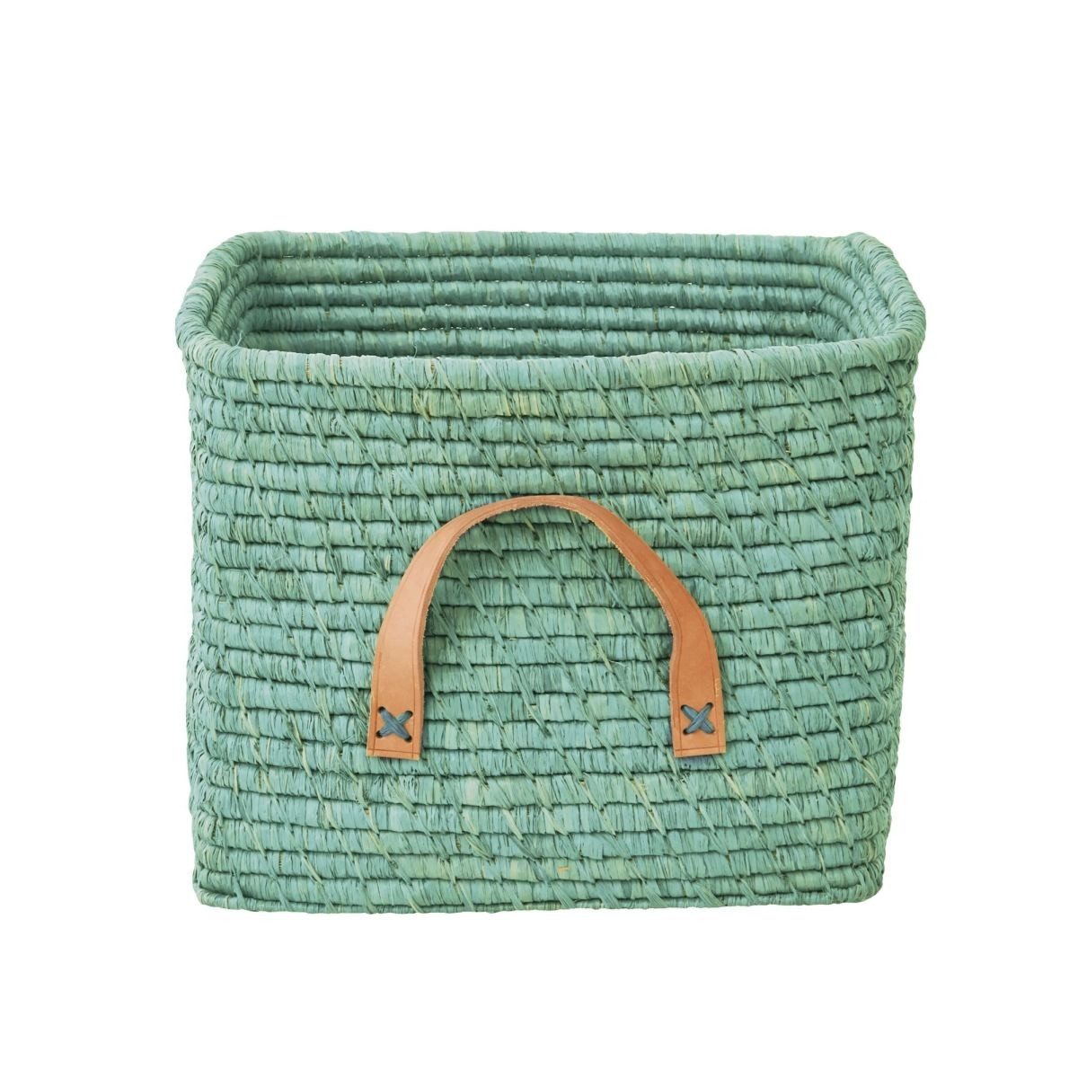 rice Aufbewahrungskorb Raffia Korb Türkis Ledergriff Ordnung Deko 30x30x25