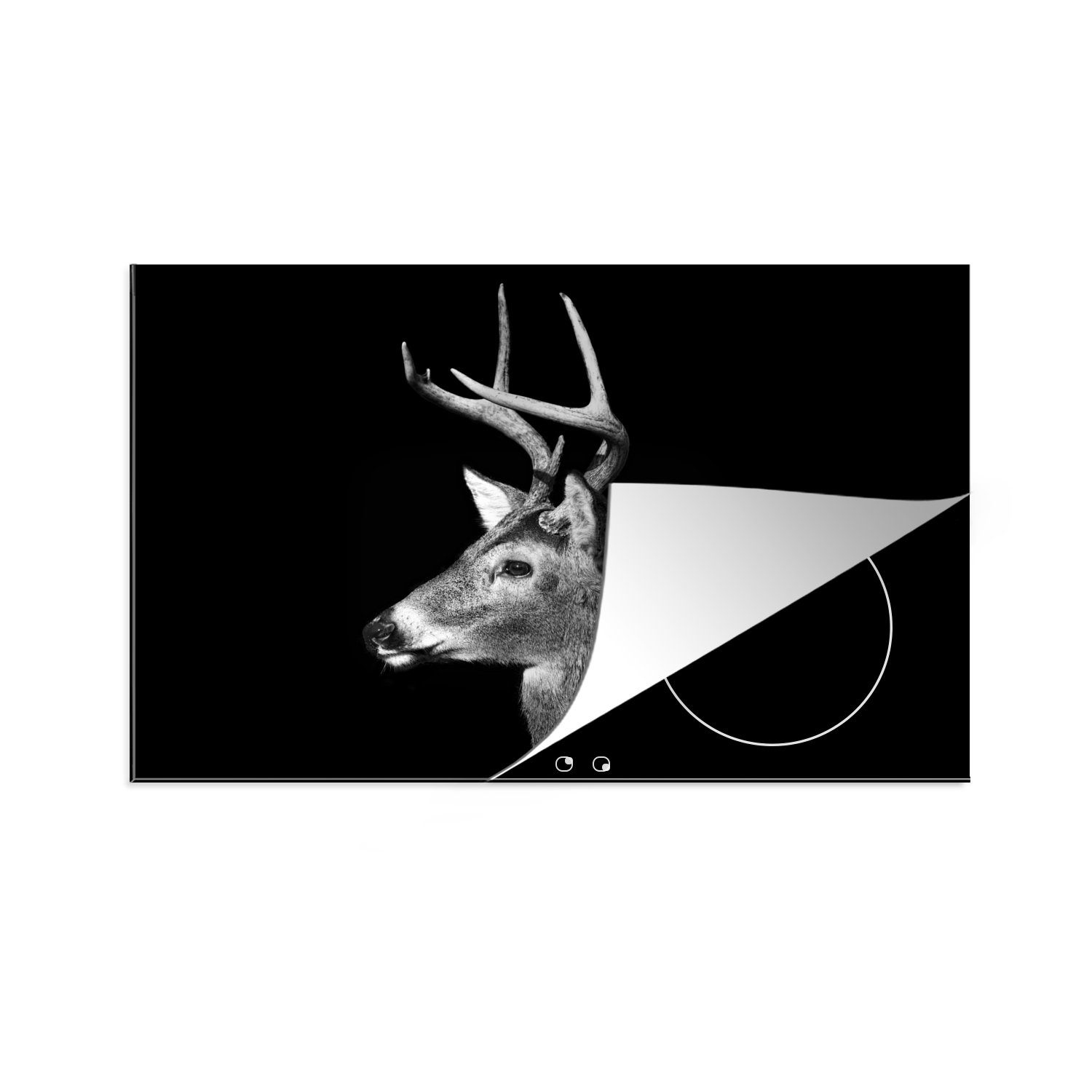 MuchoWow Herdblende-/Abdeckplatte Tierprofil Hirsche in schwarz und weiß, Vinyl, (1 tlg), 81x52 cm, Induktionskochfeld Schutz für die küche, Ceranfeldabdeckung