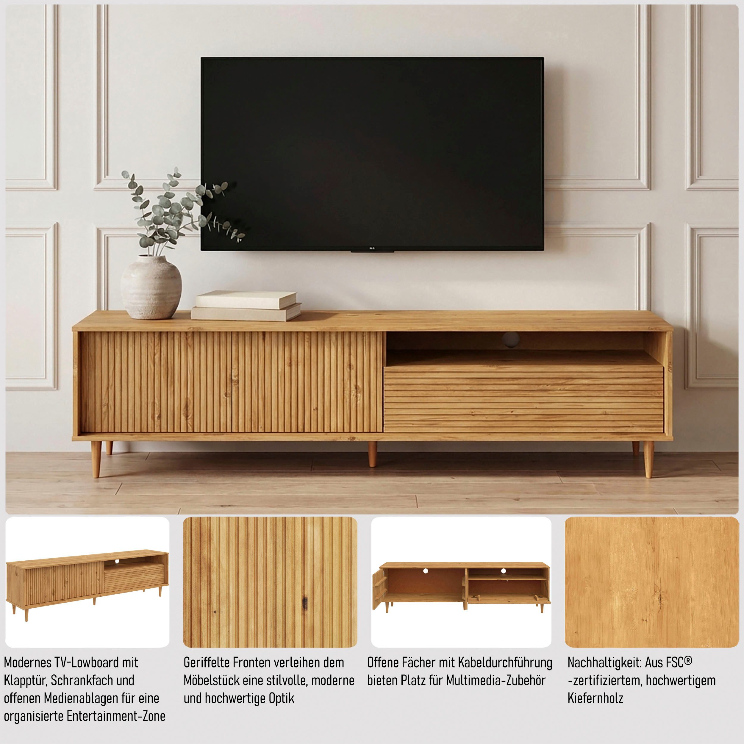 OTTO home Lowboard Malmedy Front mit gefrästen Rillen, TV-Kommode aus massivem Kiefernholz, Push-to-open, Breite 180 cm – Bild 3 von 5
