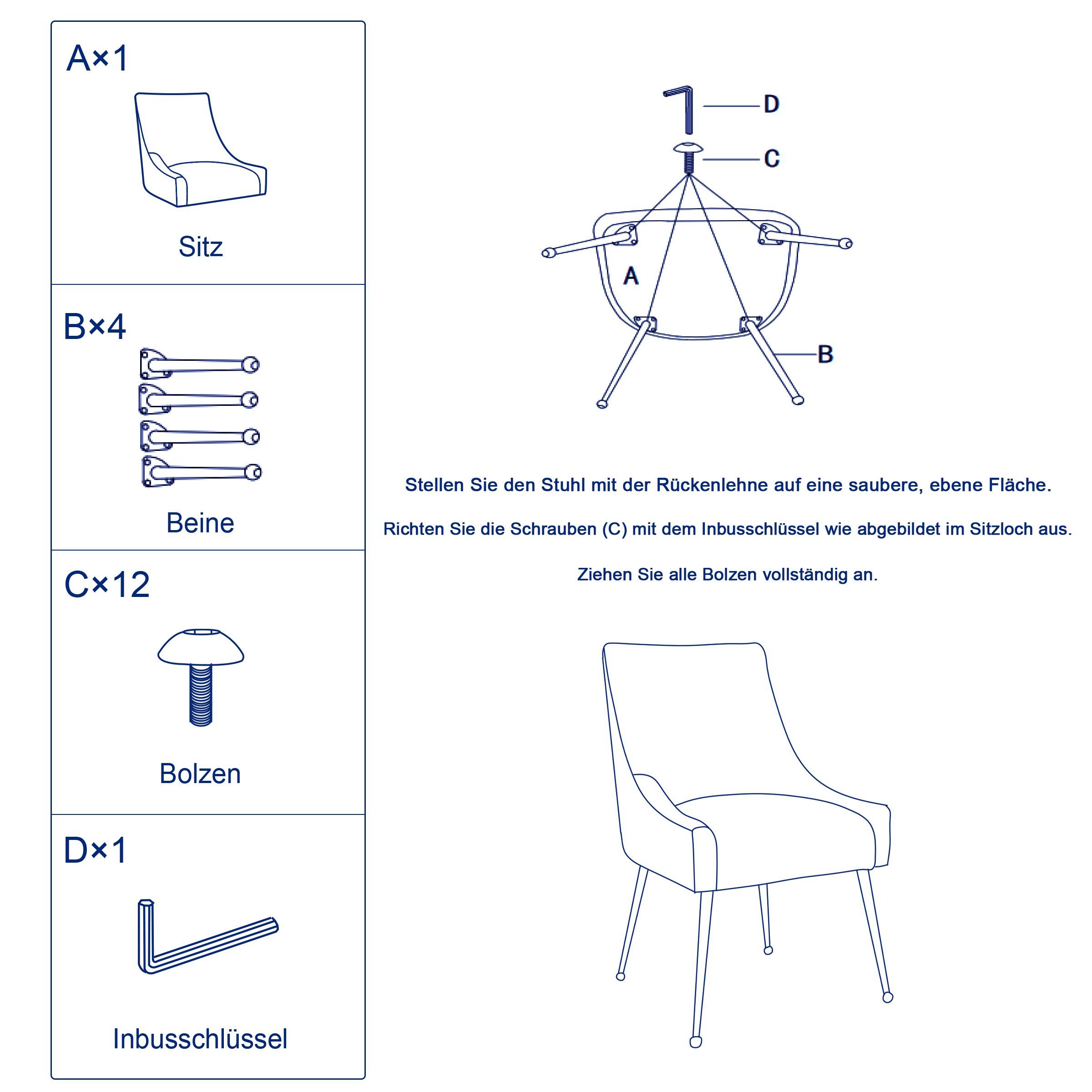 Rückenlehne, Schwammpolster, Marineblau Sessel SUBRTEX 2er Set, aus Metall mit Esszimmerstuhl Ständer