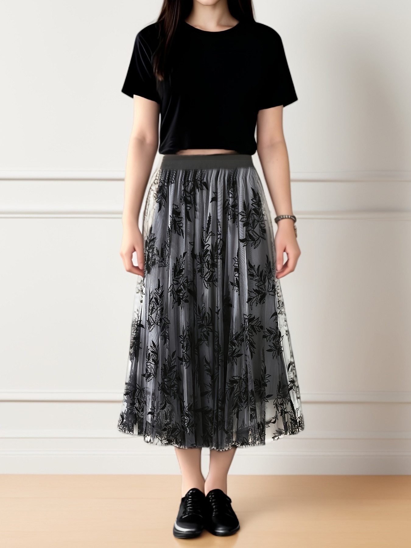 DEBAIJIA Meshrock Damen Tüll Midiröcke Blumendruck Elastischer Rock mit hoher Taille