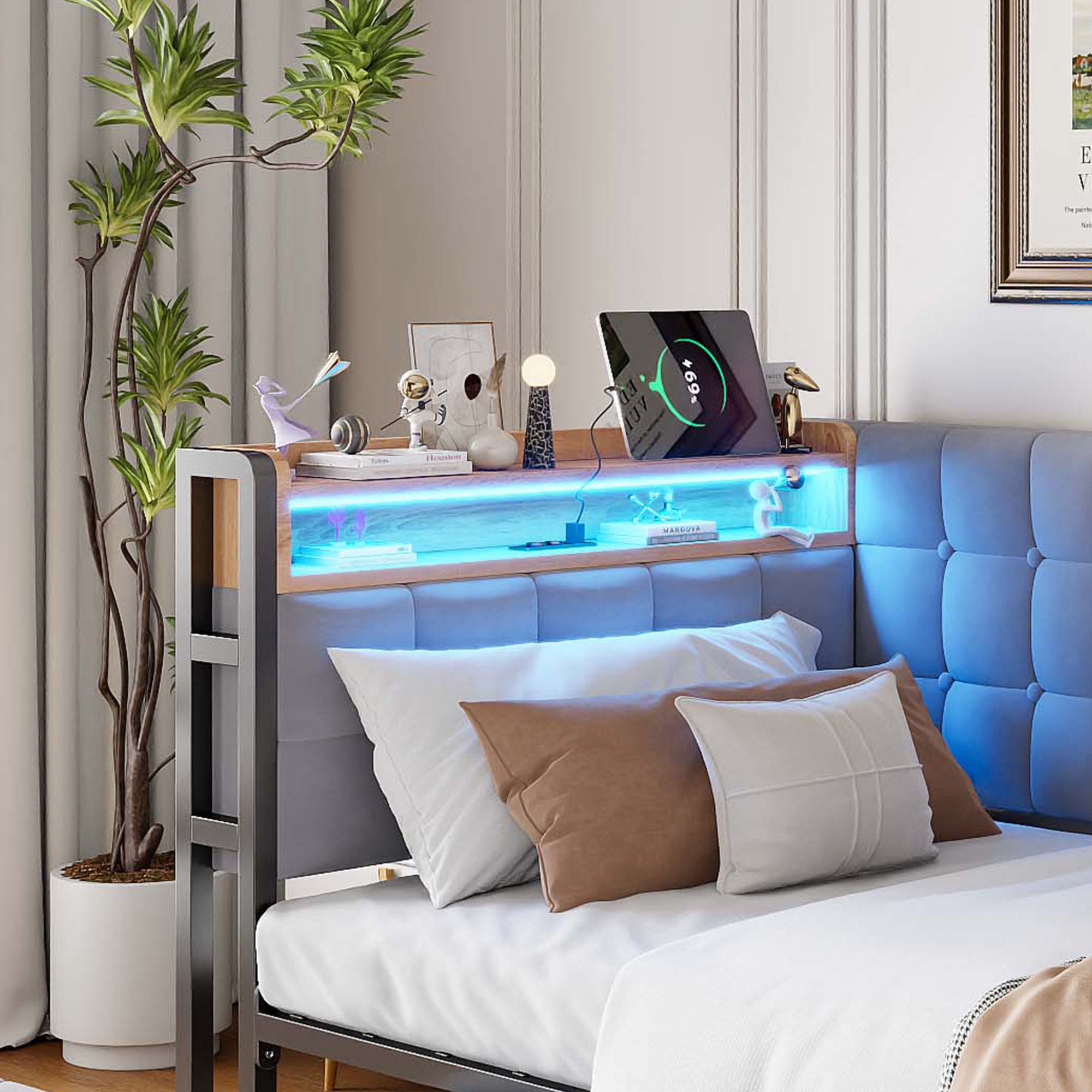 MODFU Schlafsofa mit LED & USB, Polsterbett mit Schubladen, Multifunktionales Kinderbett mit Stauraum 90x200 cm, ohne Matratze