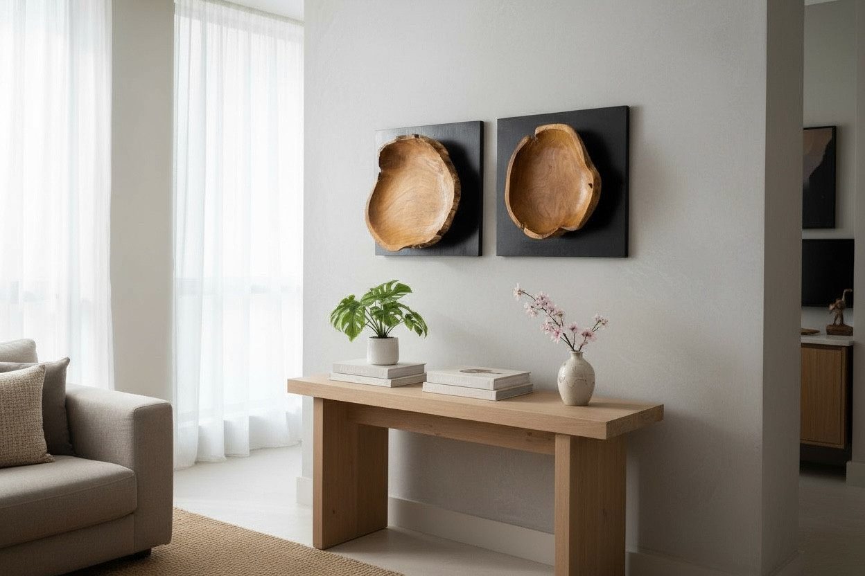 FaHome Wanddekoobjekt Wanddekoration aus Teakholz auf schwarzer Holzplatte