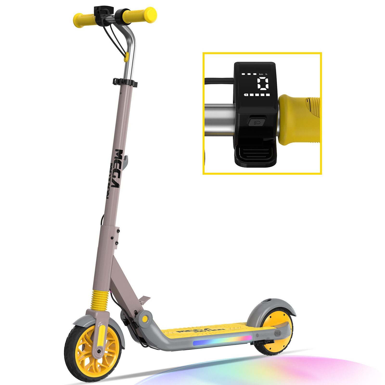 Mega Motion Elektro-Kinderroller ME1 E-Scooter für Kinder, 8/12/16 km/h, mit verstellbarem Lenker, faltbar, sieben Farben Lichtern, bis zu 8km, Display für 6-12 Jahren