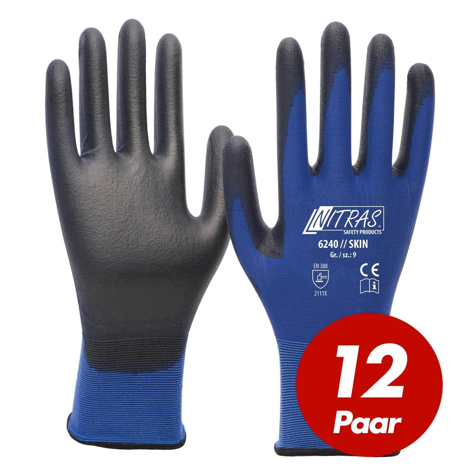 Nitras Nitril-Handschuhe NITRAS 6240 Skin Nylon-Strickhandschuhe, PU-Beschichtung - 12 Paar (Spar-Set) schwarz/blau