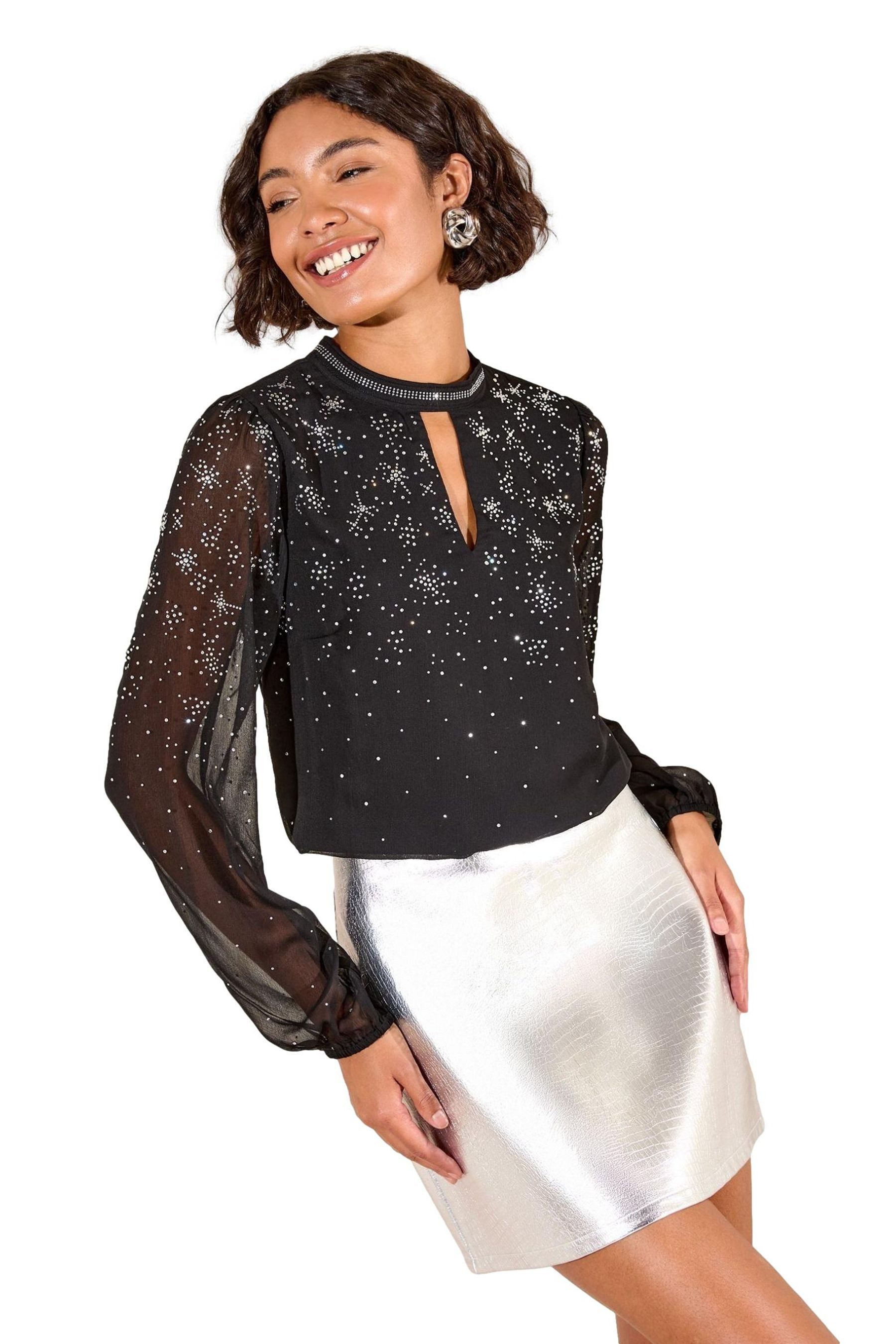 Friends Like These Langarmbluse Friends Like These Chiffon-Bluse mit Strass (1-tlg)