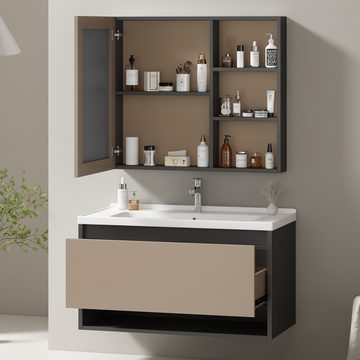 PFCTART Waschbeckenunterschrank Badezimmer Badmöbel Set :Waschbeckenunterschrank hängend 90cm breit (mit Keramikwaschbecken,Schubladen,Spiegelschrank)