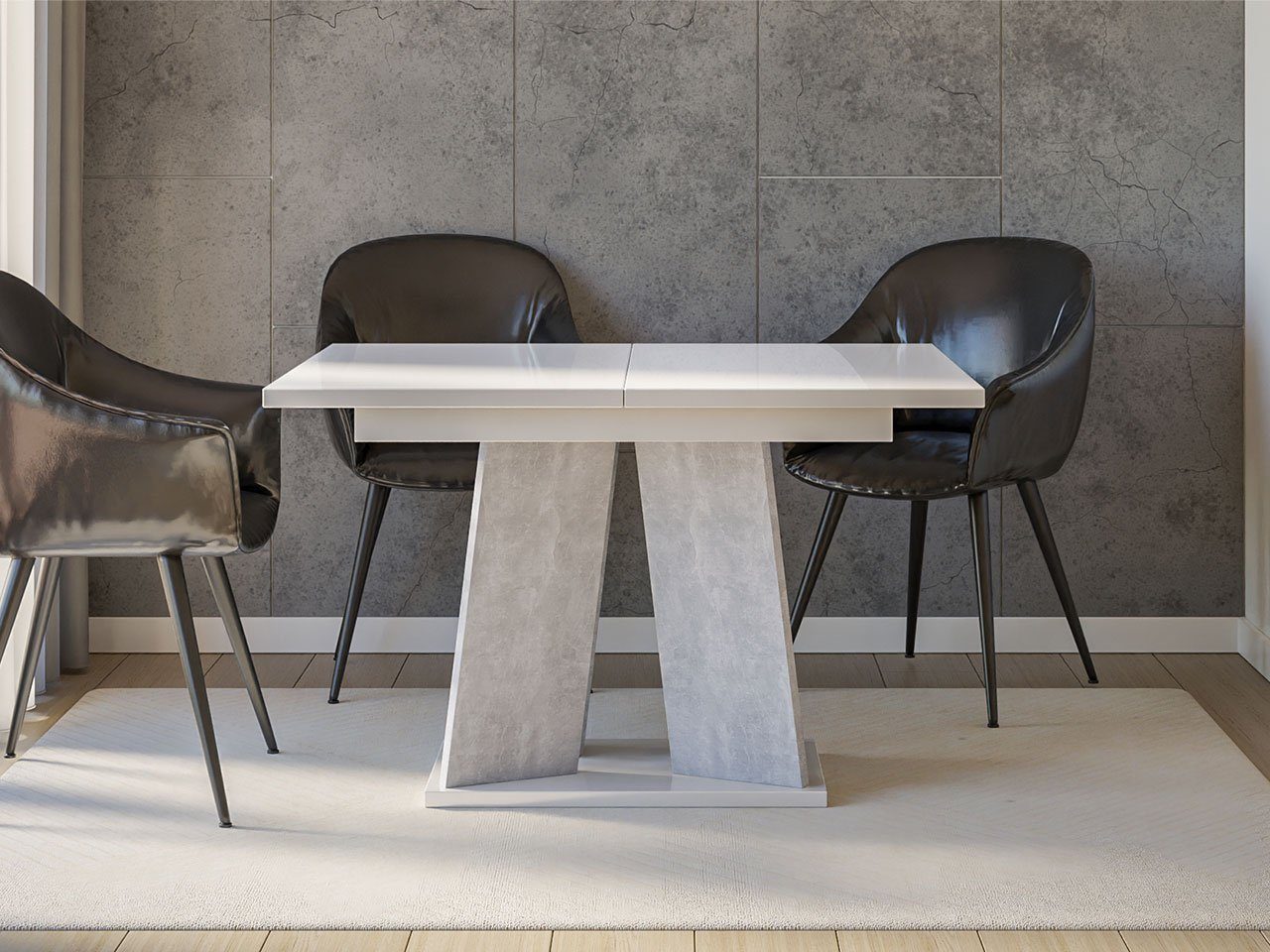 MIRJAN24 Esstisch Mufo, 120/160x90x75 cm, Tischauszug mit Synchronführung Weiß Hochglanz / Beton