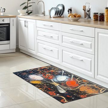 Teppich Waschbarer Küchenläufer schwarz mit Gewürzen in gelb rot mit Löffeln, Carpetia, rechteckig, Höhe: 5 mm