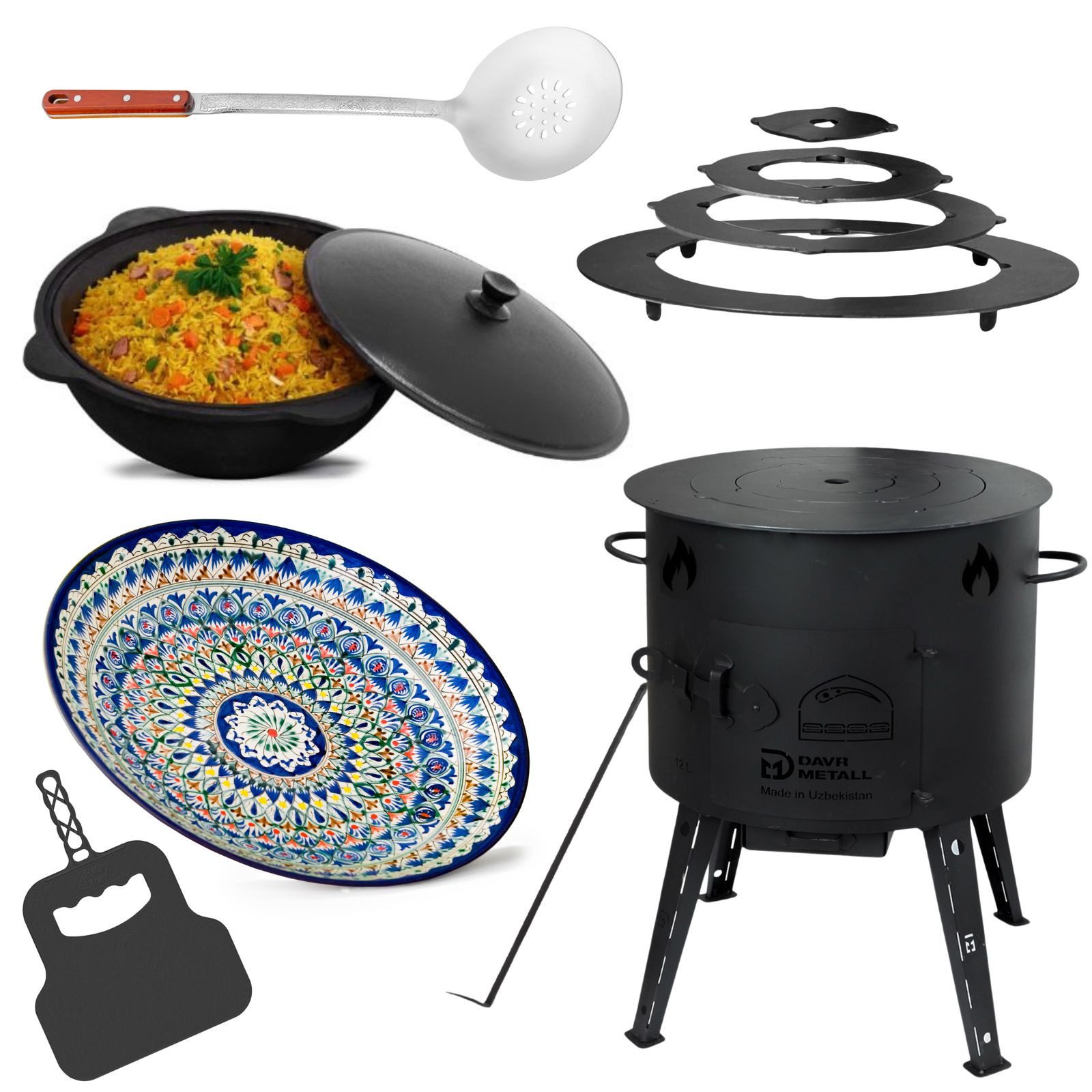 4BIG.fun Feuerstelle Eintopfofen Ø44 Uchag 16L Kazan Ljagan Schaumkelle, (2mm stahl Utschag Uchak Kasan Учаг Казан Außenküche Eintopfofen), Grillfächer Schaumkelle Orientalischer Teller Handgemalt Adapter-Ringe