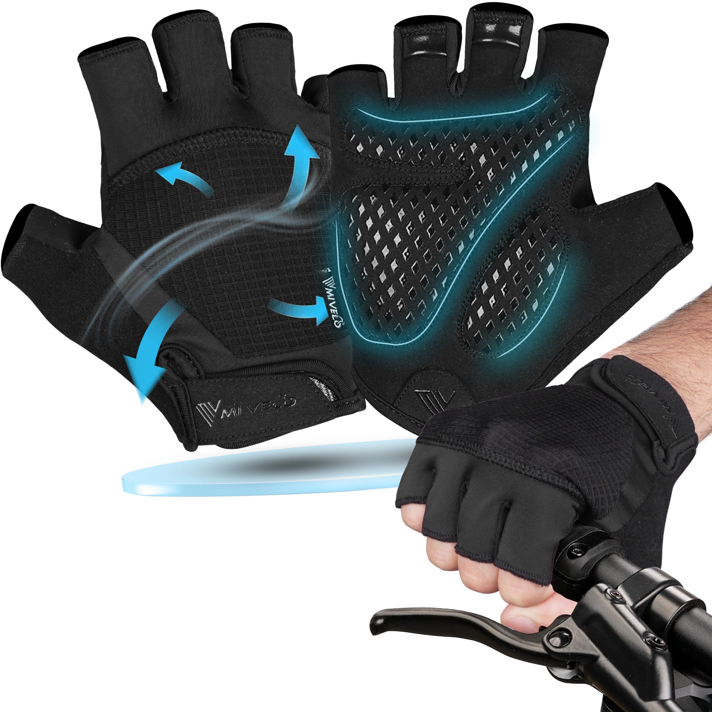 MIVELO Fahrradhandschuhe Herren & Damen gepolstert, Sommer Fahrrad Handschuh, atmungsaktiv mit An- und Ausziehhilfe, Halbfinger