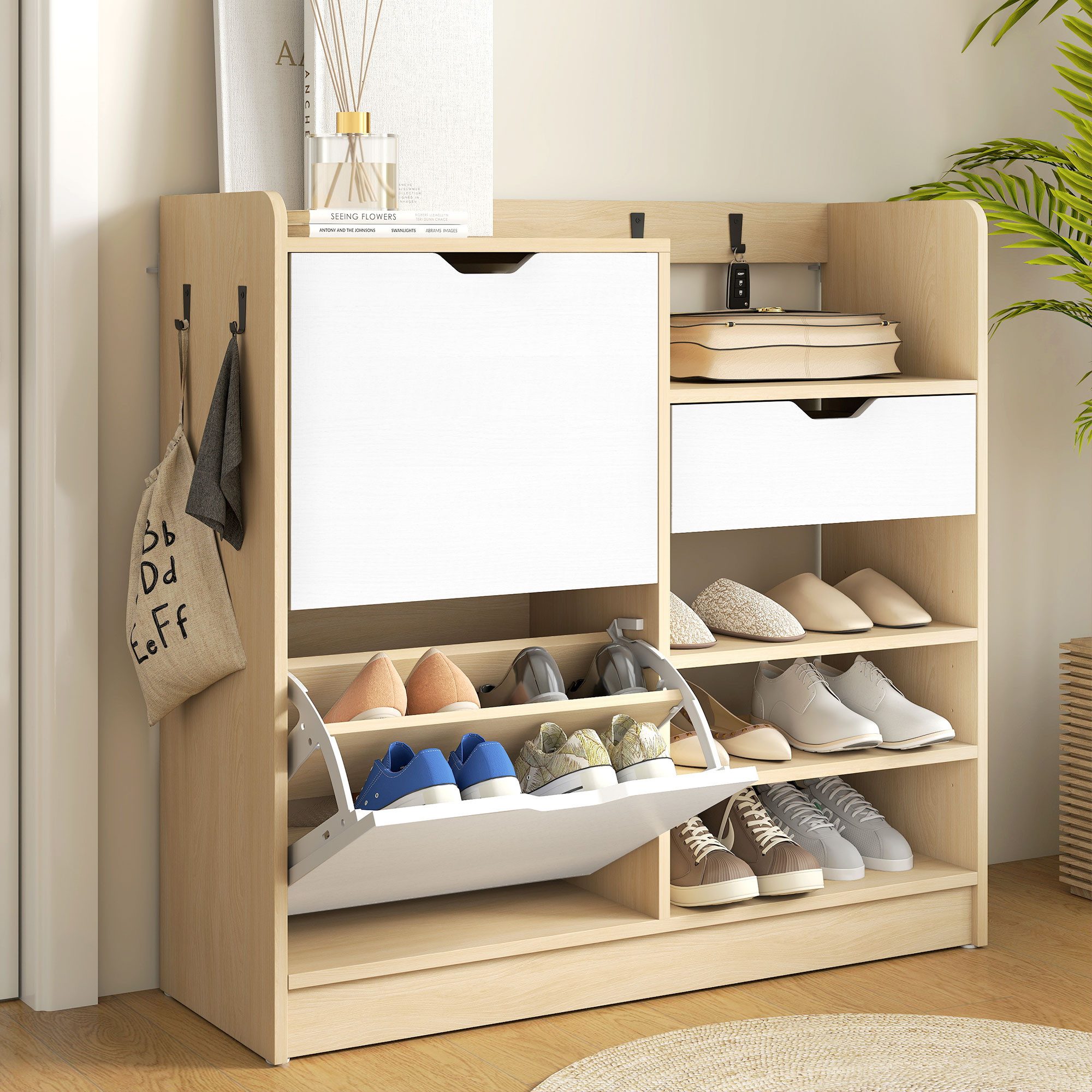 HOMCOM Schuhkipper Schuhschrank mit 2 Klappen, verstellbar Trennwand, Haken, Natur (Schuhkommode, 1 St., Schuhregal mit offenen Fächern), für 14 Paar Schuhe 93 x 30 x 90 cm, Weiß