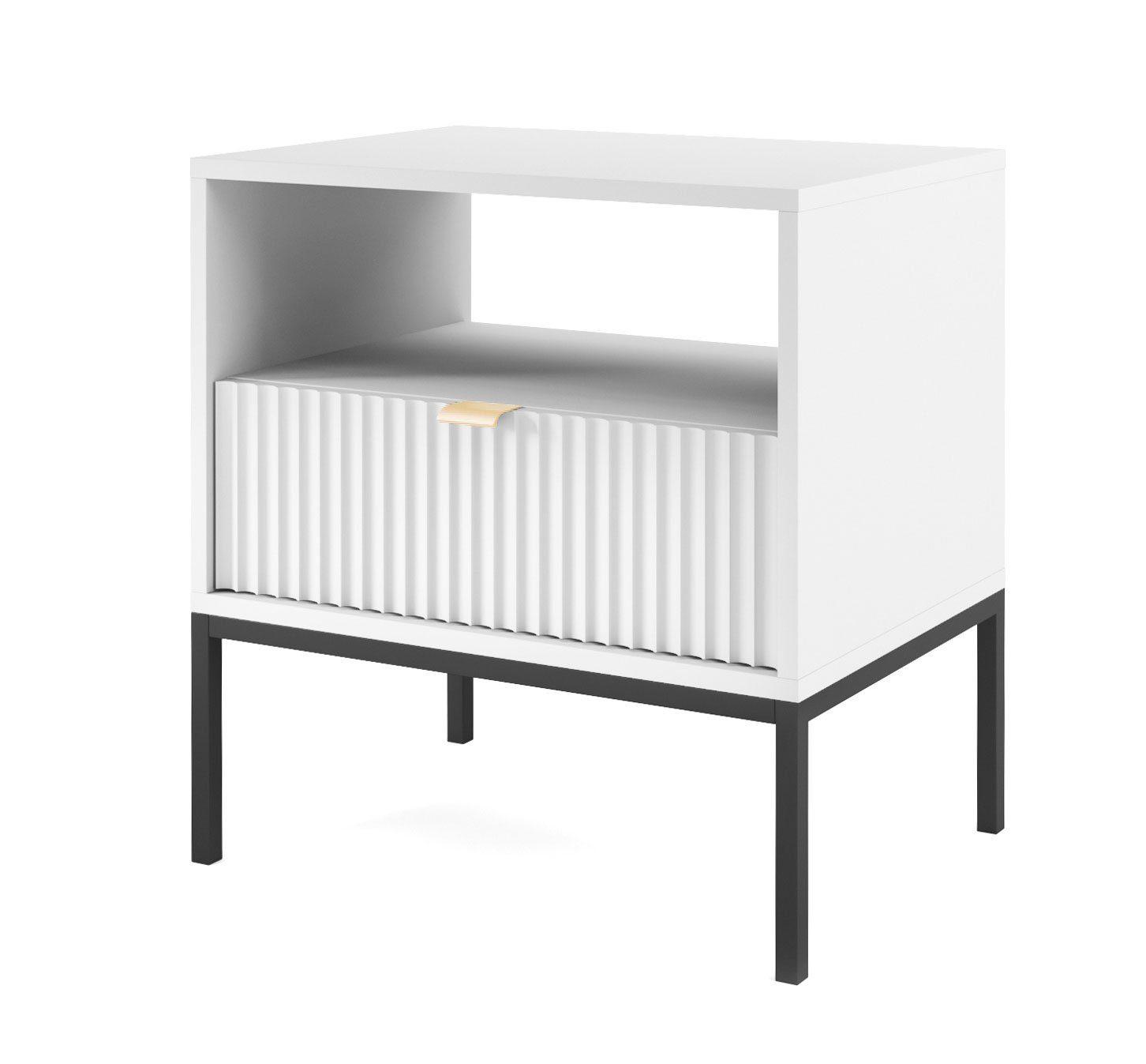 Feldmann-Wohnen Nachtkonsole Nova (1 offenes Fach, 1 Schublade, Metallgestell, 1 St., Riffel-Optik Front, goldfarbene Metallgriffe, ABS-Kanten), 54x39x56cm, Fronten mit ausdrucksstarkem geriffelten Muster