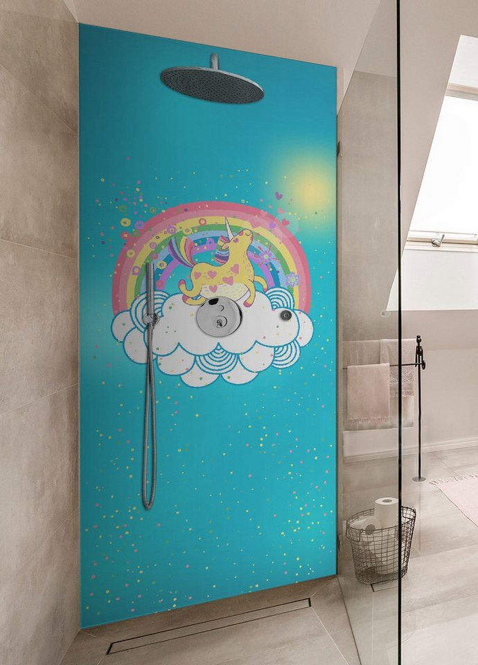 Thumbnail - Wallario Duschrückwand Lustiges Einhorn auf einer Wolke vor Regenbogen, (1-tlg)