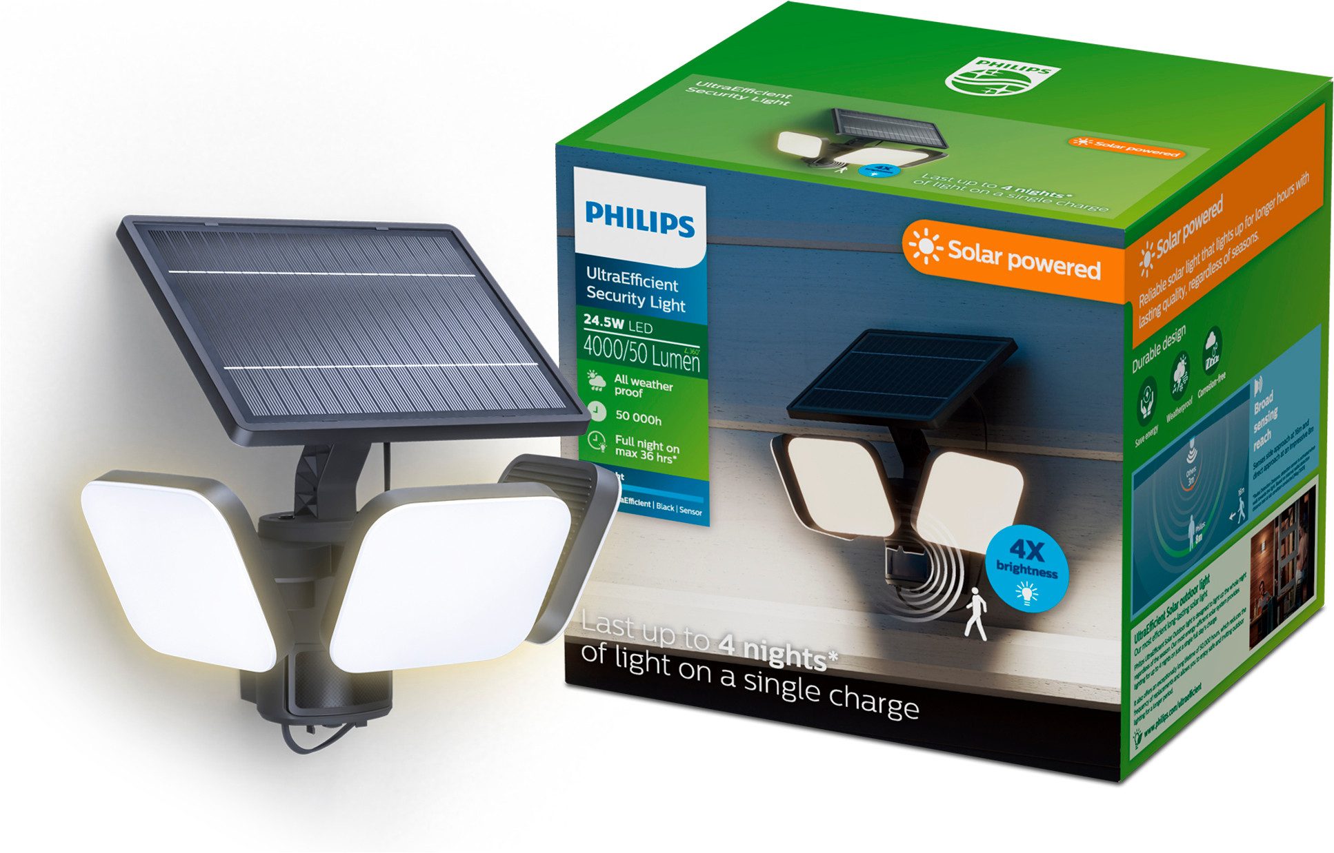 Philips LED Flutlichtstrahler Outdoor Ultra-Efficient Solar Zyren Sicherheitslicht, Abschaltautomatik, Bewegungsmelder, Tageslichtsensor, LED fest integriert, Kaltweiß, Tageslicht- und Bewegungssensor, 4000 Lumen