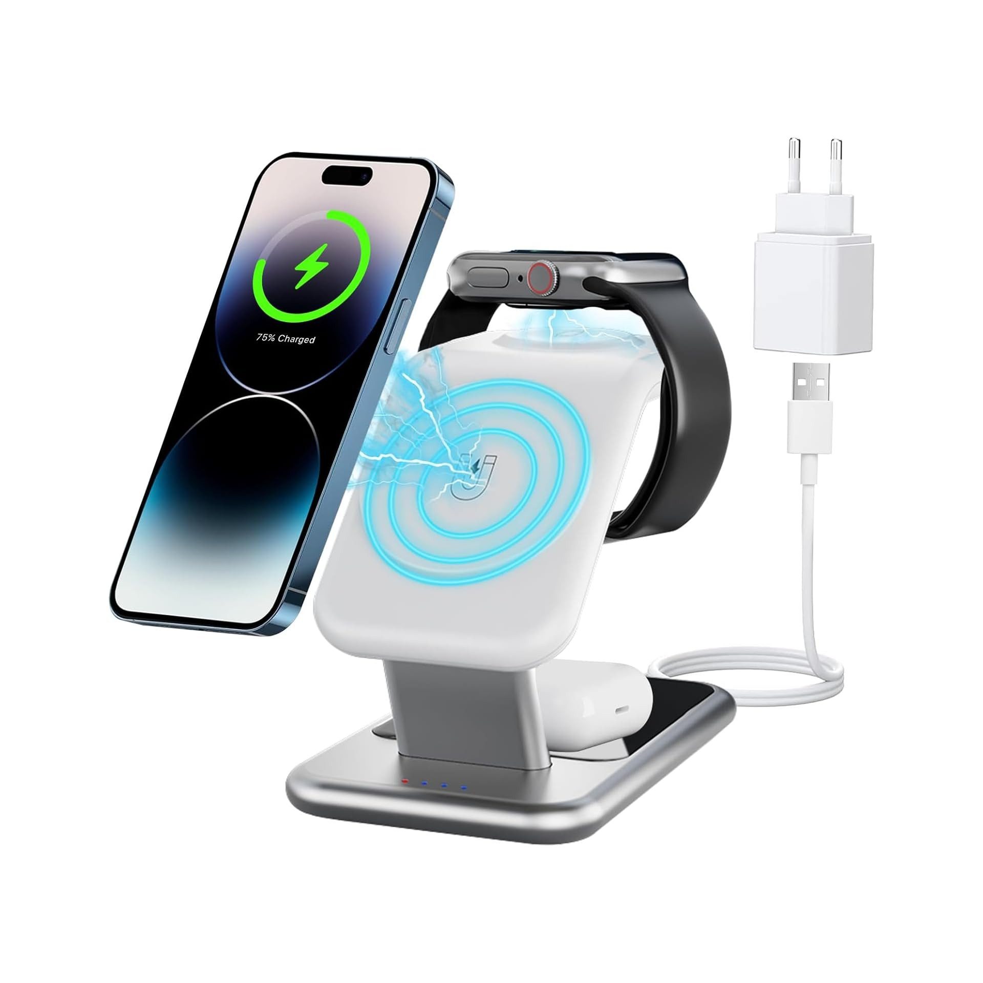 LA CUTE MagSafe Ladeständer iPhone, Apple Watch Kabelloses Laden Wireless Charger (2000,00 mA, 3-in-1 MagSafe Wireless Charger für iPhone, Apple Watch und AirPods., Magsafe-Ladegerät für iPhone, Apple Watch & AirPods, magnetisch, Schnelles Laden mit 18 W