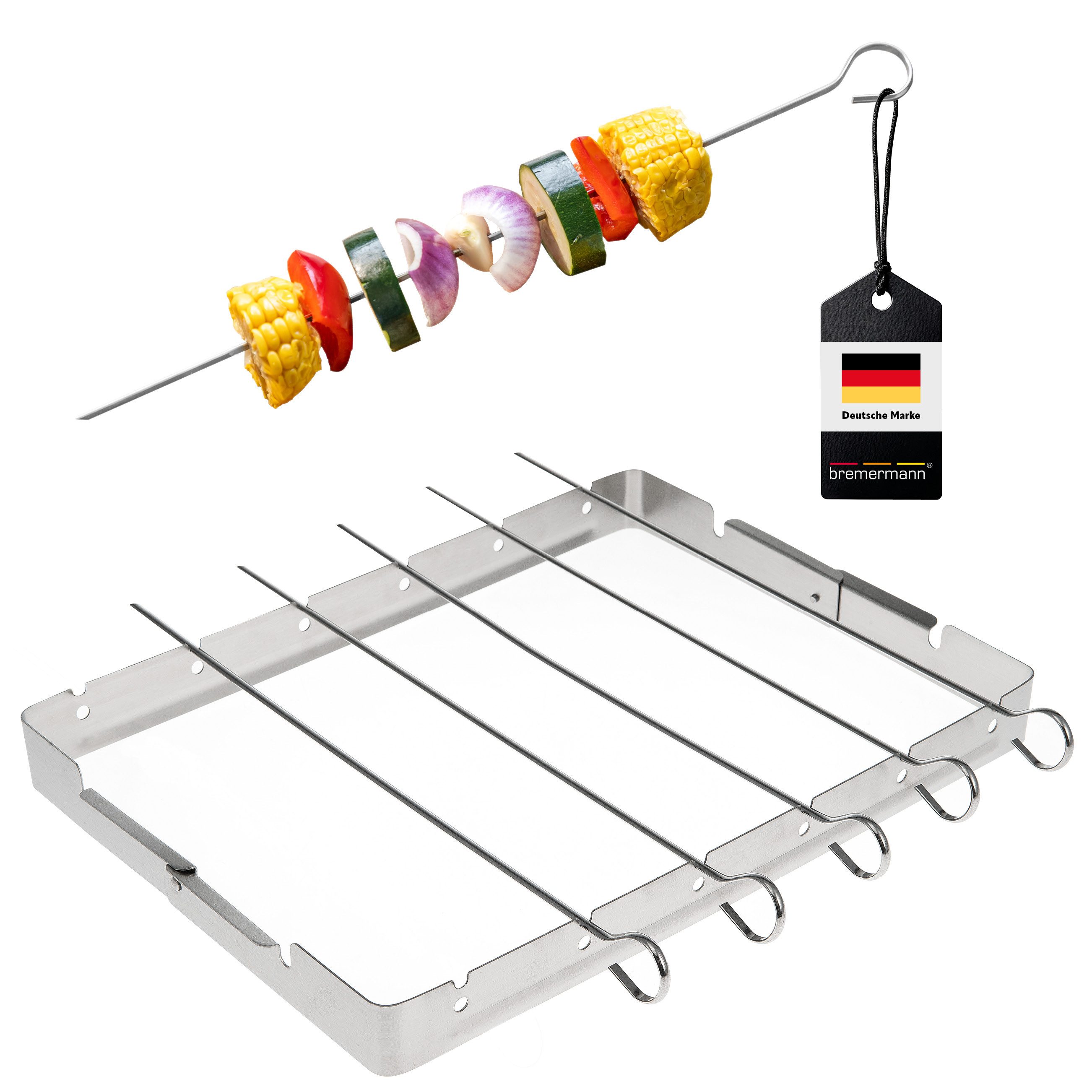 Grillspieß 6 Grillspieße mit Halterung // Edelstahl // BBQ Grillspießhalter-Set