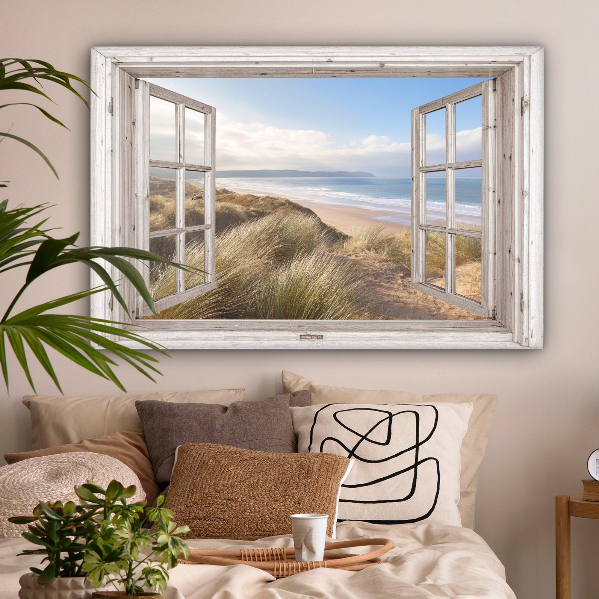 Strand - XXL, Gemälde, - Durchblick Strandgras großes, alle - (1 Blau, Wohnbereiche, Meer St), - Sand cm Dünen - - Wandbild OneMillionCanvasses® 120x80 für Leinwandbild