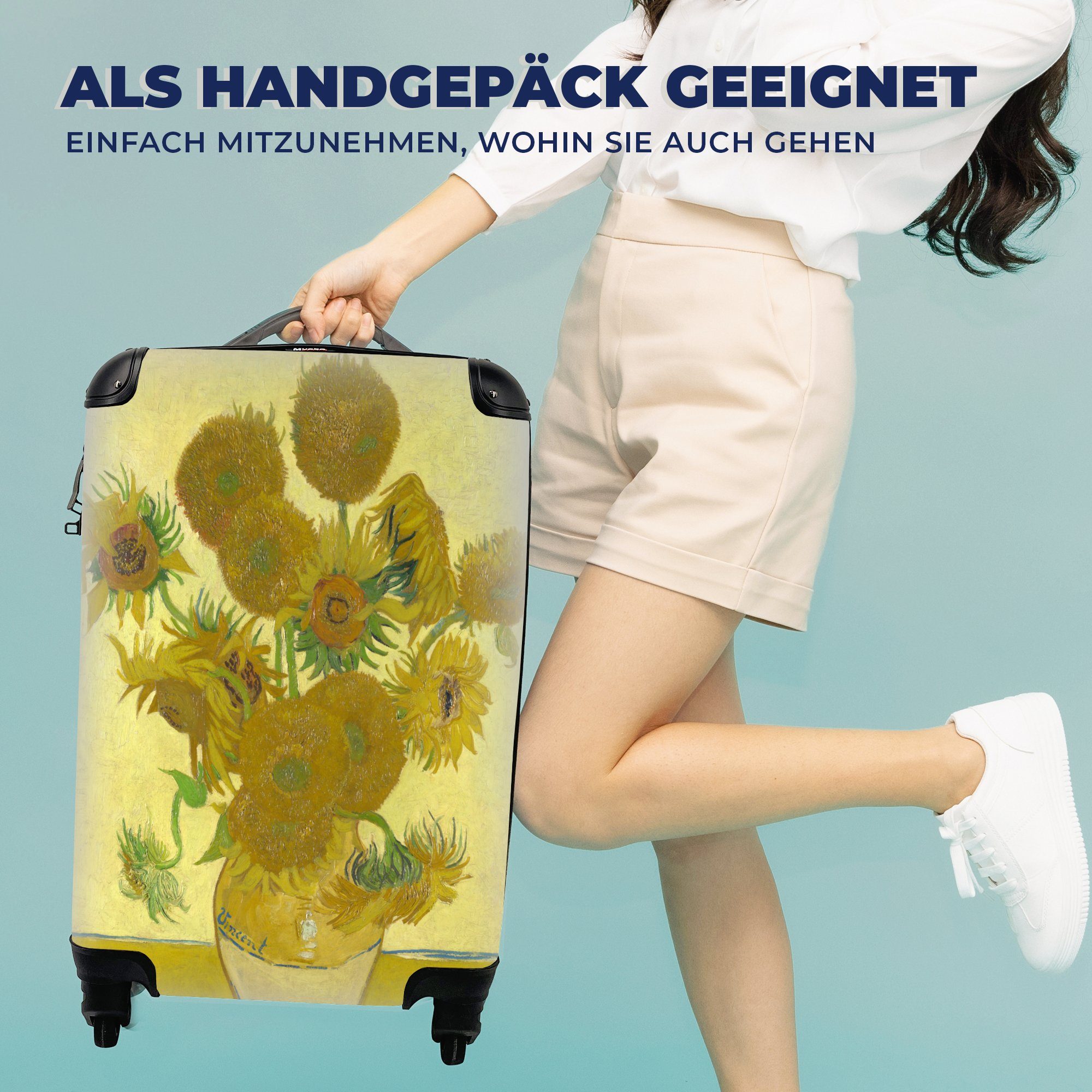 MuchoWow Handgepäckkoffer Sonnenblumen - für van mit Gogh, Handgepäck Reisekoffer Rollen, Ferien, 4 Reisetasche Vincent Trolley, rollen