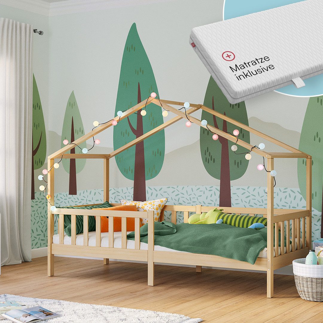 Bellabino Hausbett Bia mit Rausfallschutz & Lattenrost (natur, mit Matratze günstig online kaufen